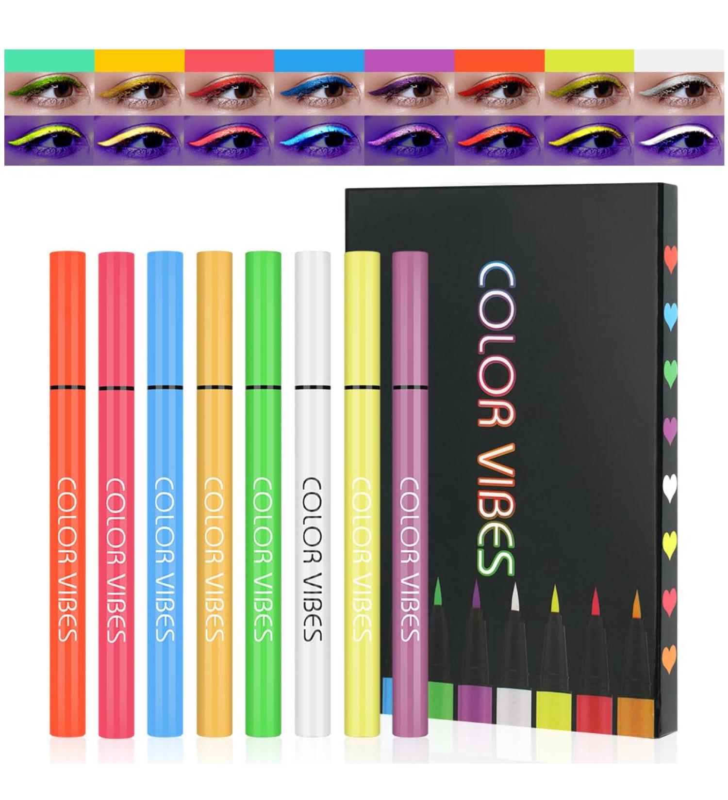 LOPHE Neon Liquid Eyeliner 8 Colors Waterproof Smudge Resistant Long Lasting Matte Set Colorful Fluorescent Rainbow Eyeliner Glow in UV Liner Pen Eye Guide Makeup - Buy Online on GoSupps.com
