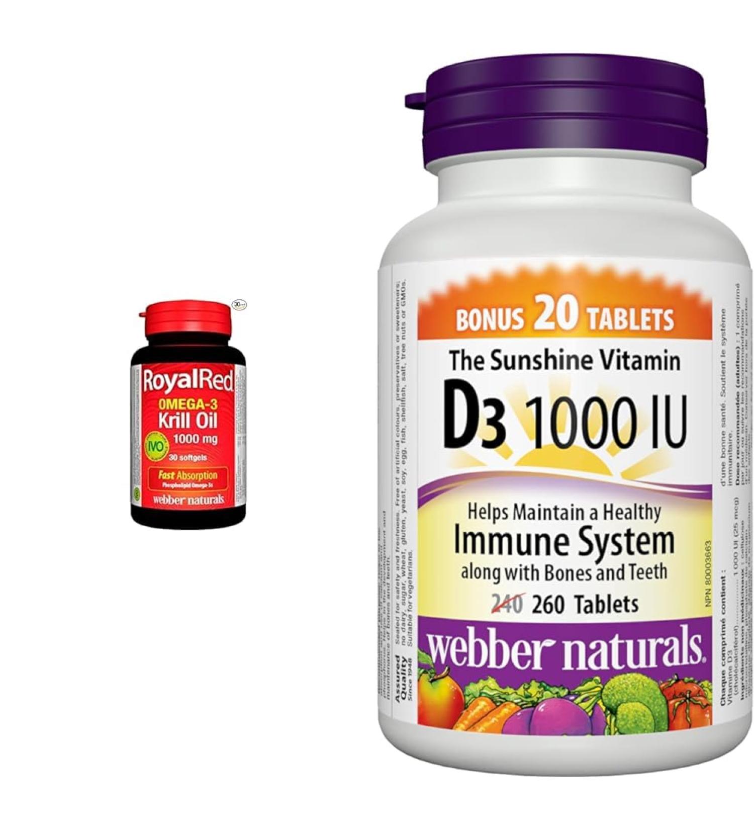 Webber Naturals RoyalRed Krill Oil 1000 mg 30 Softgels Supports Cardiovascular Health & Vitamin D3 1000 IU 260 Tablets For Healthy Bones Teeth and the Maintenance of Good Health - Buy Online on GoSupps.com