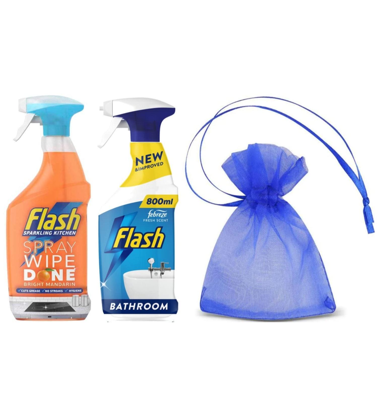 Flash Sparkling Kitchen Spray Wipe Done 1Pk x 800ml Bright Mandarin Scent + Flash Bathroom Cleaning Spray with Febreze Fresh Scent 1Pk x 800ml + Our Gift for You: Organza Bag Size: 9x7x0.1cm - Buy Online on GoSupps.com
