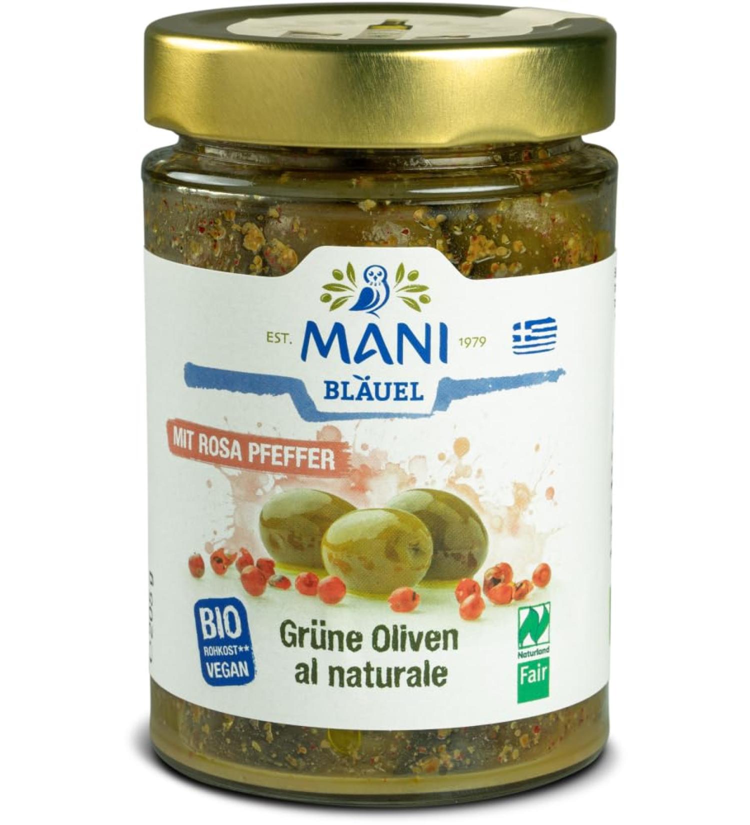 Mani Bl uel Mani Bl uel Organic al natural green olives coriander seeds and pepper (2 x 205g)