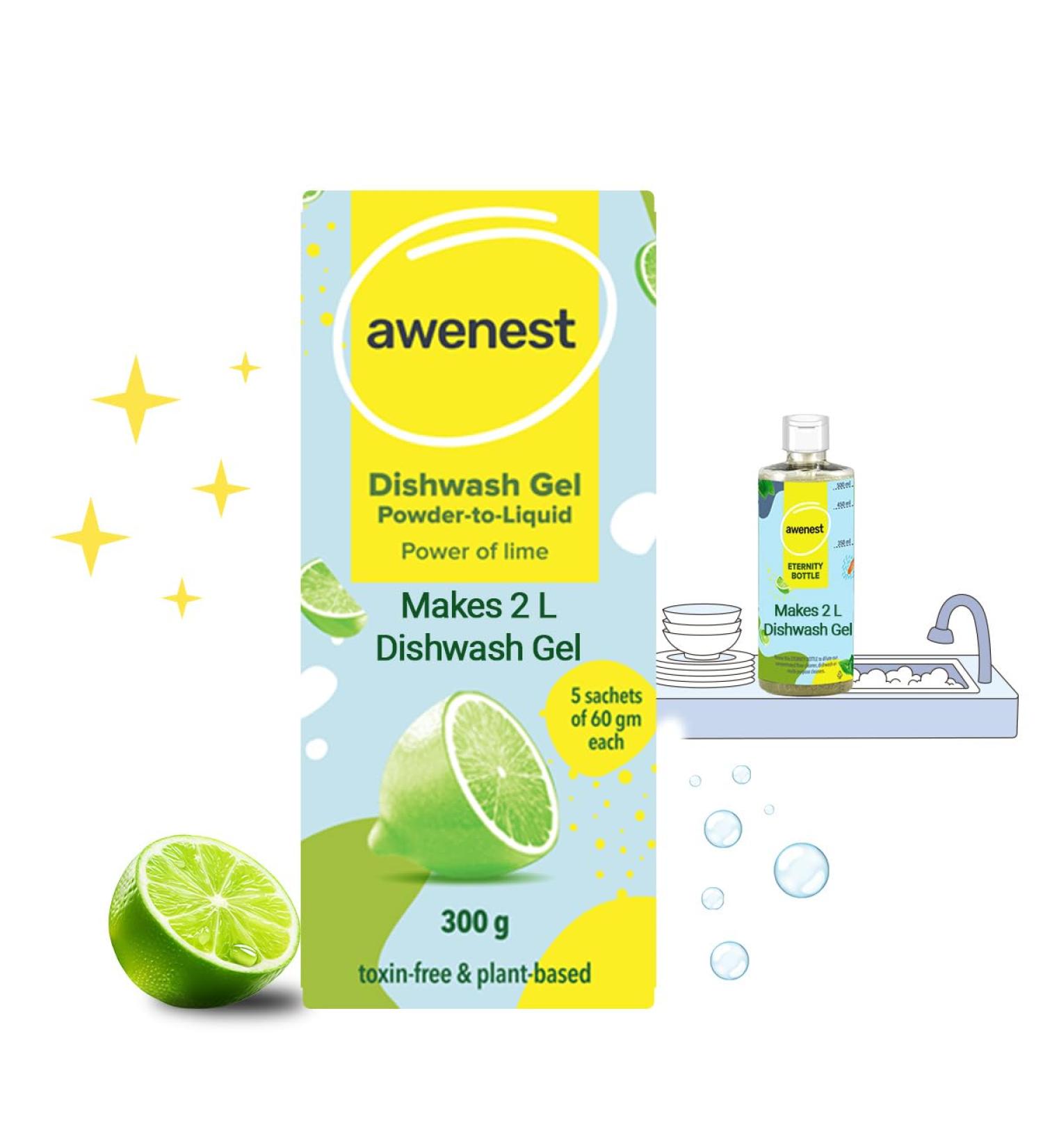 awenest No-Toxin Plant Based Powder-to-Liquid Dishwash | Makes 2 Liter Gel | No Paraben SLES Formalin | Natural Organic Biodegradable Eco-Friendly Herbal | Tough On Grease Leaves No Residue - Buy Online on GoSupps.com