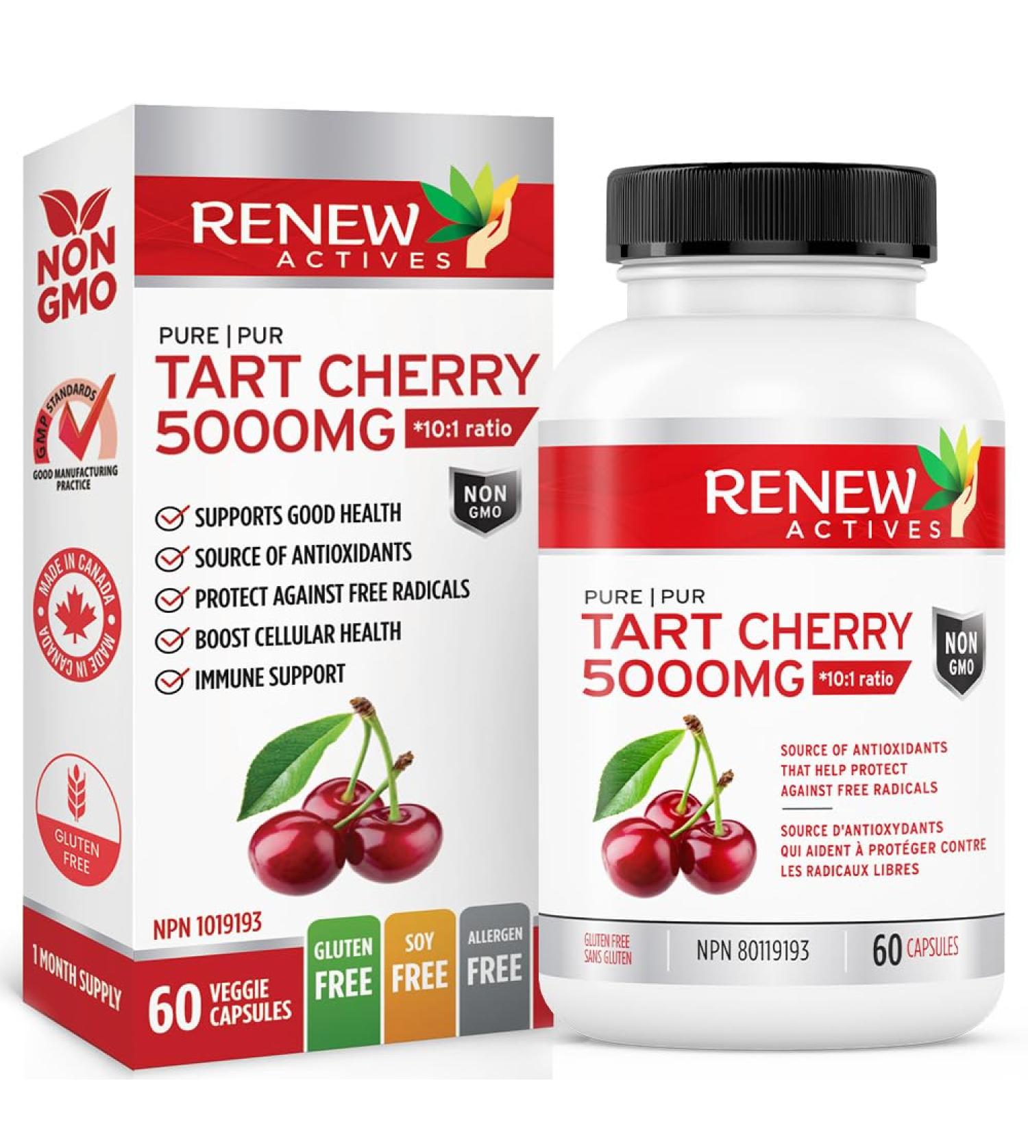 Renew Actives Tart Cherry Extra 10000mg - Powerful 10:1 Antioxidant for Digestive Health & Wellness - 60 Easy-to-Swallow Capsules - Canadian Made - Buy Online on GoSupps.com