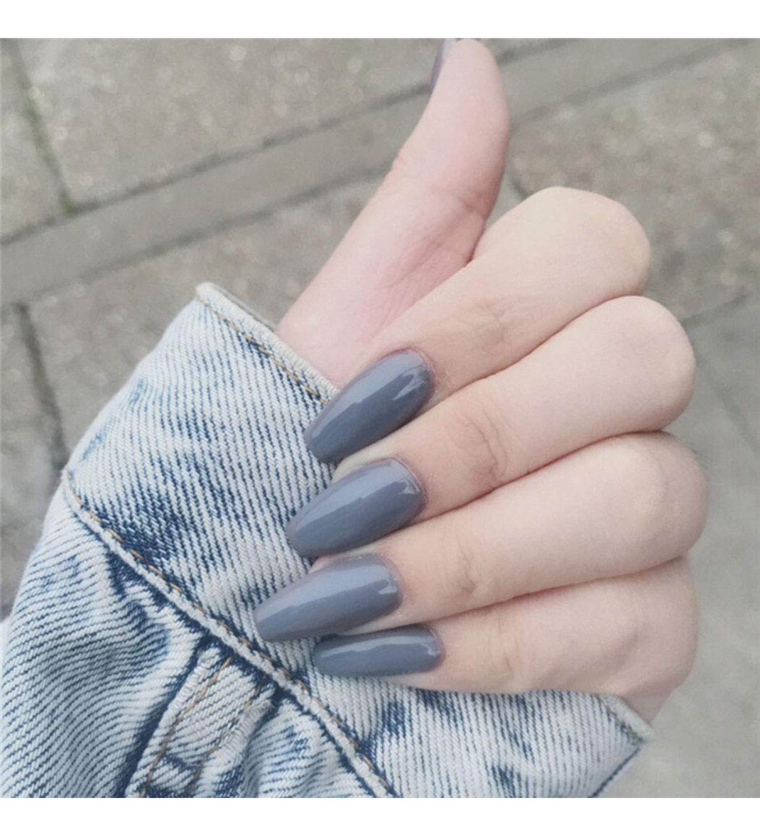 Glossy Coffin Press on Nails Gray Ballerina Full Cover Fake Nails Artificial Acrylic Medium False Nails for Women and Girls (24PCS) - Buy Online on GoSupps.com