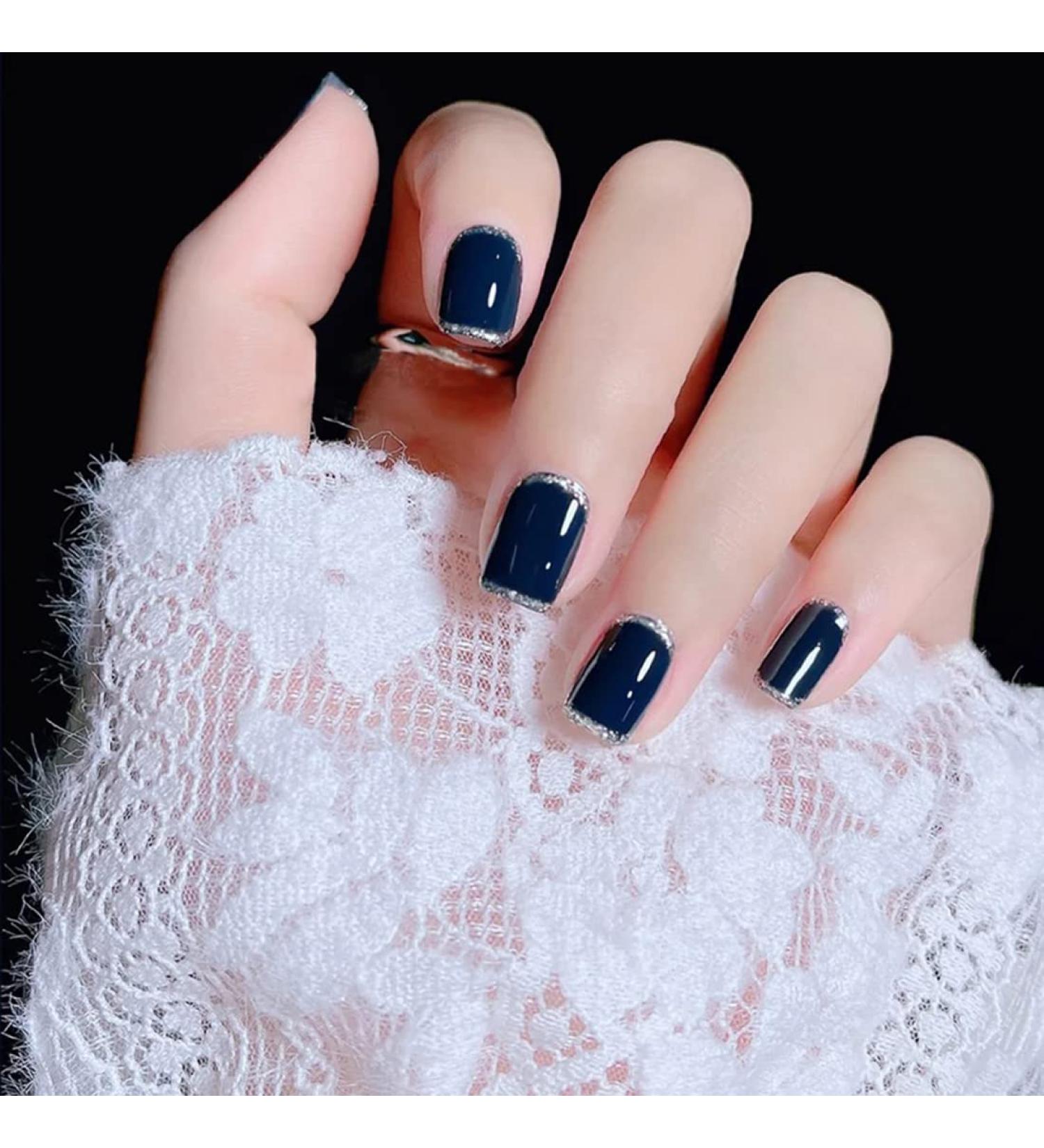 Glossy Blue Press-On French False Nails with Silver Glitter Art - 24 Full Cover Artificial Nail Tips for Women & Girls | Trendy Nail Art Decoration - Buy Online on GoSupps.com
