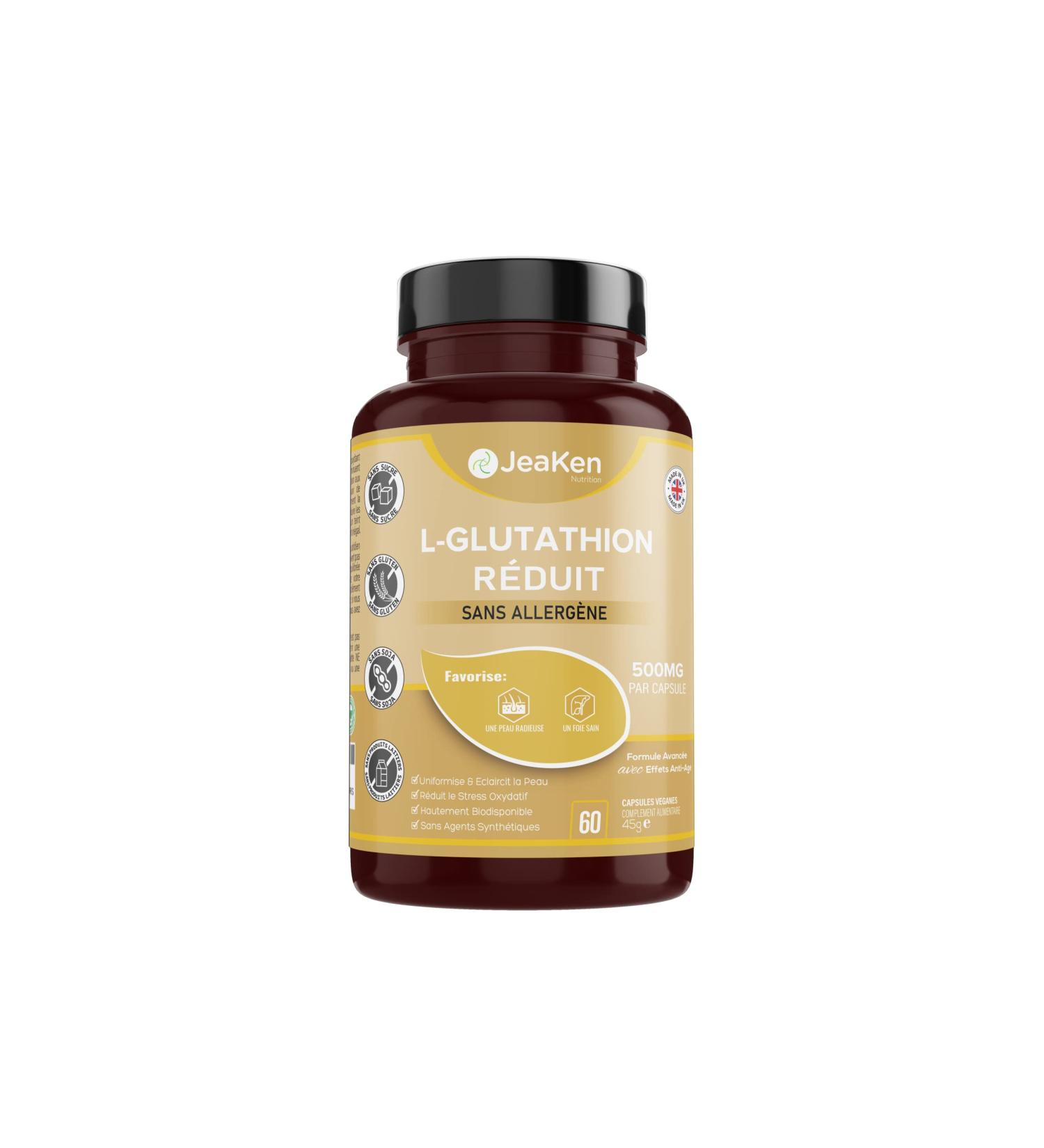 JeaKen - L-Glutathione Reduced - Detoxification Support - Free Radical Neutralizer with Anti-Aging Effects - Improves Uneven Skin Tone - Allergen-Free & Bioavailable - 60 Vegan Capsules - Buy Online on GoSupps.com