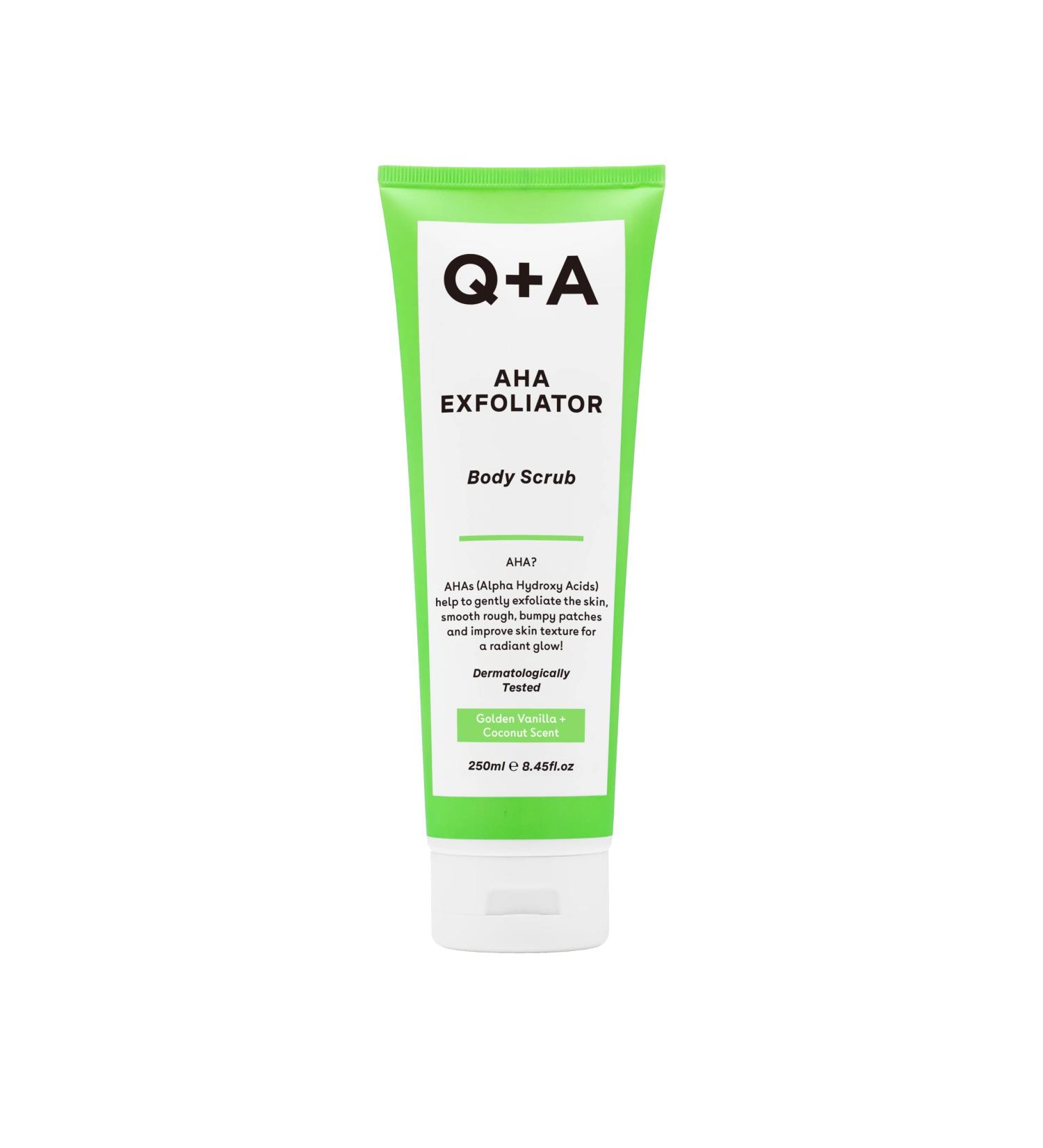 Q+A AHA Exfoliator Body Scrub 250ml - Rejuvenating Skin Care with Lactic Acid & Glycolic Acid for Soft, Supple Skin - Buy Online on GoSupps.com