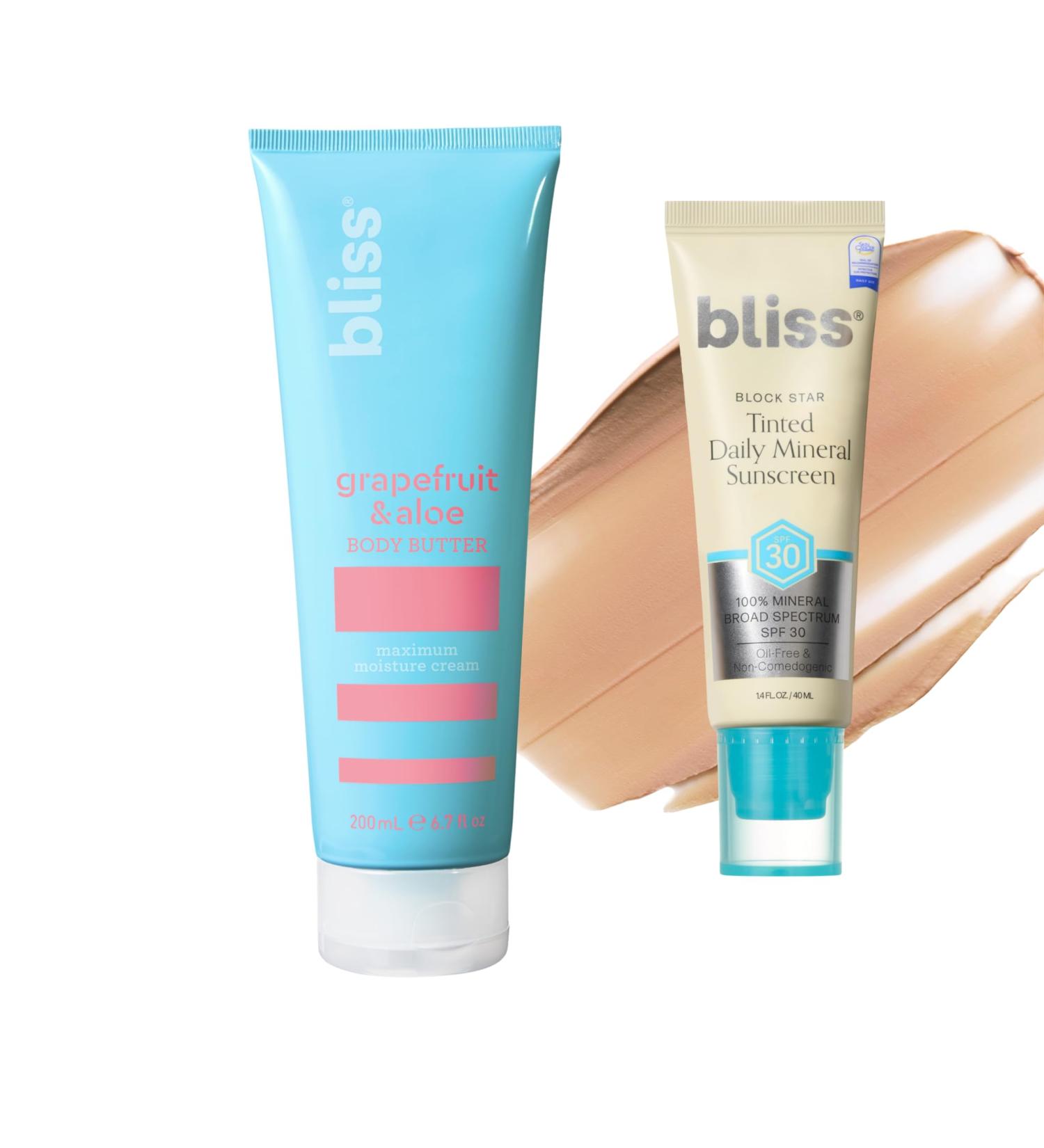 Bliss Block Star SPF 30 Invisible Daily Tinted Sunscreen with Zinc Oxide Sunscreen & Makeup Primer + Grapefruit & Aloe Body Butter Maximum Moisture Cream for Dry Skin - Buy Online on GoSupps.com