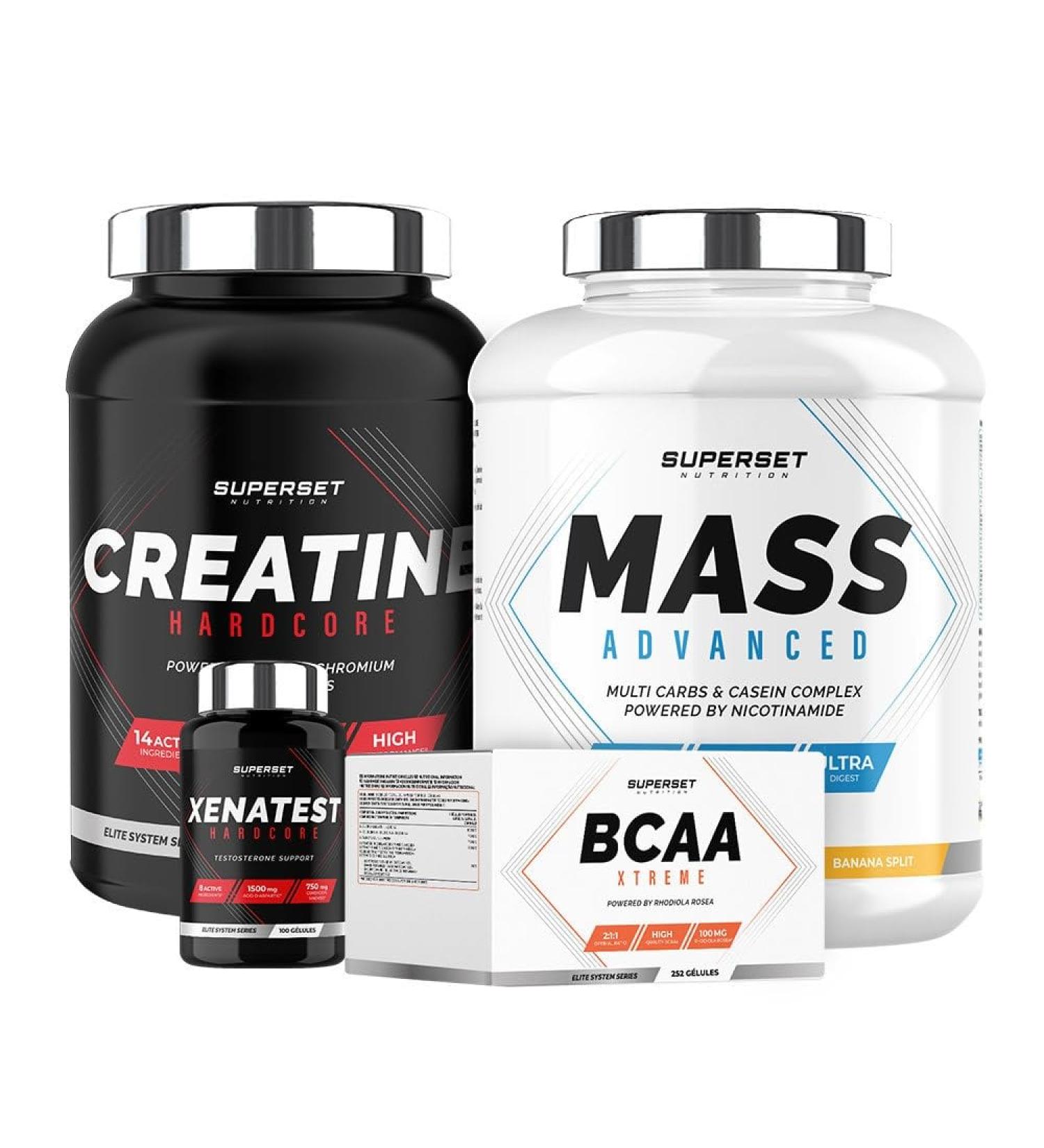 Superset Nutrition | Expert Mass Gain Program - Mass Advanced 2.5kg Banana Split - Creatine Hardcore - Bcaa Xtreme - Xenatest Hardcore - Buy Online on GoSupps.com