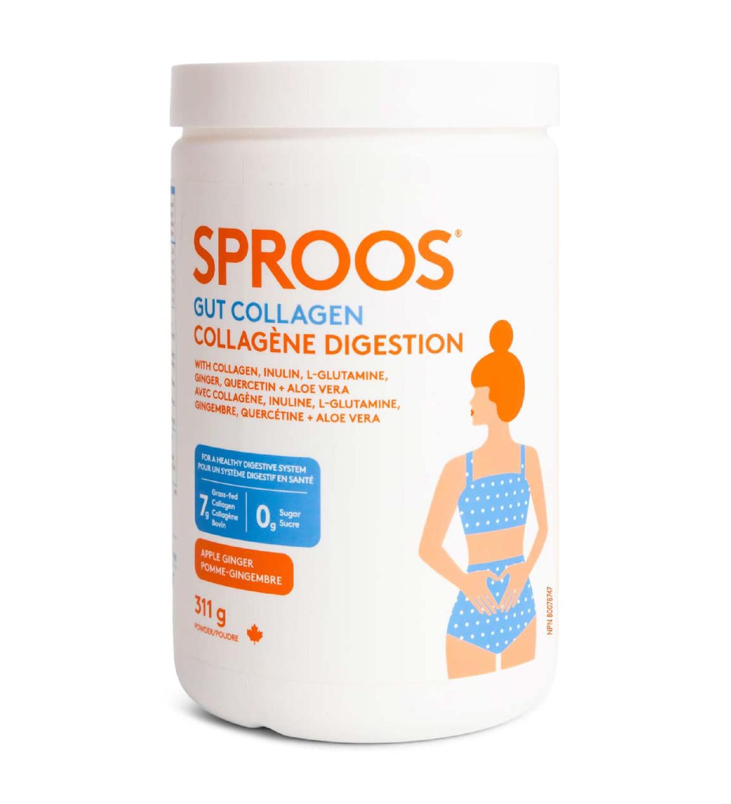 Sproos Gut Collagen | Hydrolyzed Collagen Powder + Inulin L-Glutamine Ginger Quercetin Aloe Vera| Enhanced Grass-Fed Collagen Peptides Powder Apple Ginger Flavour Tub 311g - Buy Online on GoSupps.com