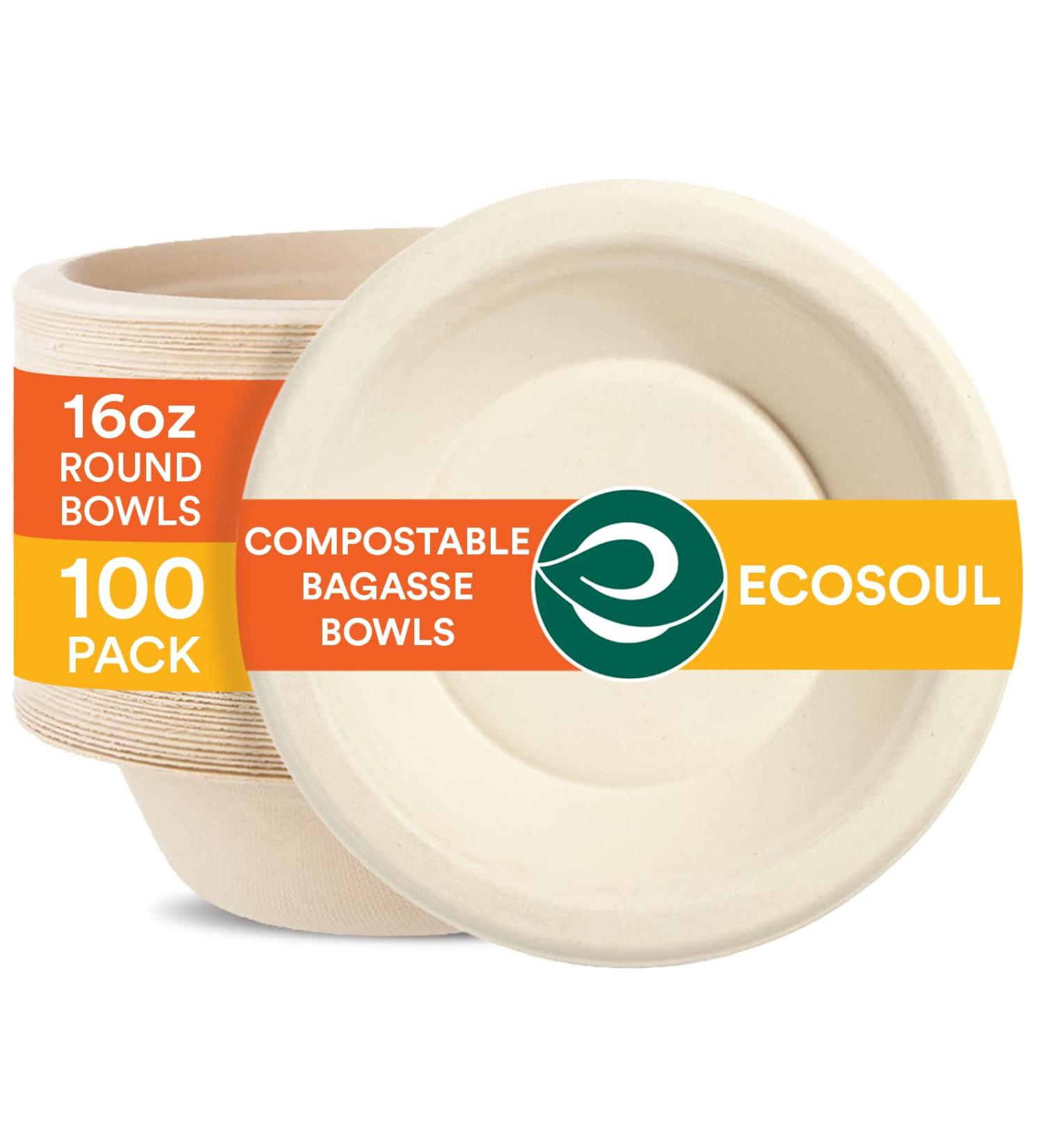 ECO SOUL 100% Compostable 16 Oz Soup Bowls 100-Pack - Biodegradable & Eco-Friendly Disposable Bowls - Buy Online on GoSupps.com