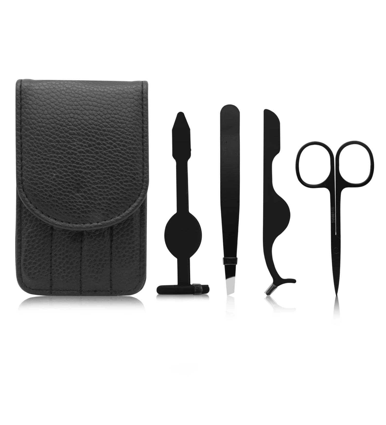 LuckyOpt False Eyelashes Applicator 4Pcs Set Lashes Cosmetic Tool with Storage Leather Case Eyebrow Tweezers & Scissor Set for Trimming Eyebrow Pasting Fake Eyelashes& Double Eyelid Patch (Black) - Buy Online on GoSupps.com