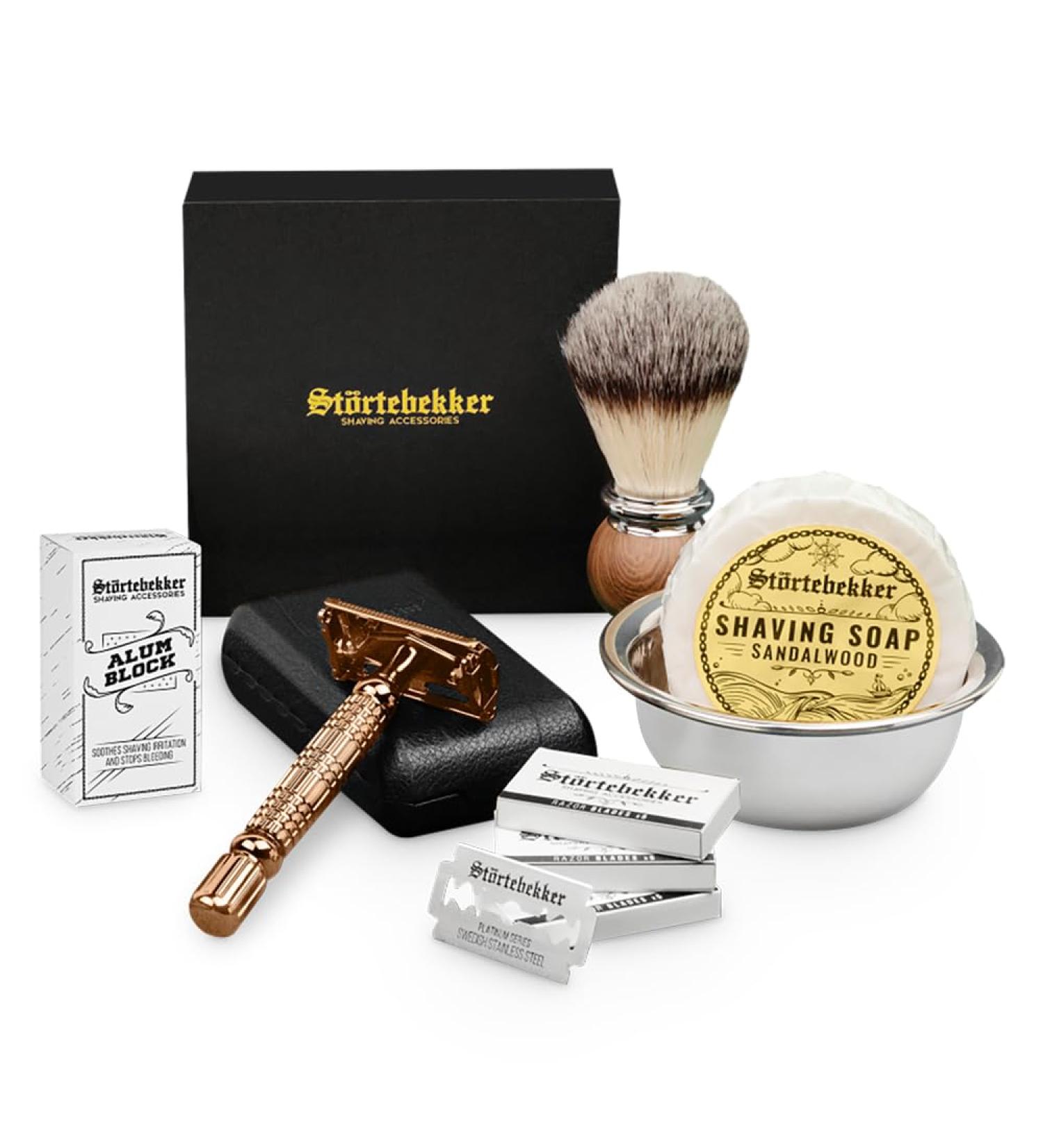St rtebekker Premium Razor Hobel Set for Men - Handmade Leather Case Shaving Brush Stainless Steel Razor Shaving Soap & Blades - Ros Gold & Black Beard Care Set - Buy Online on GoSupps.com