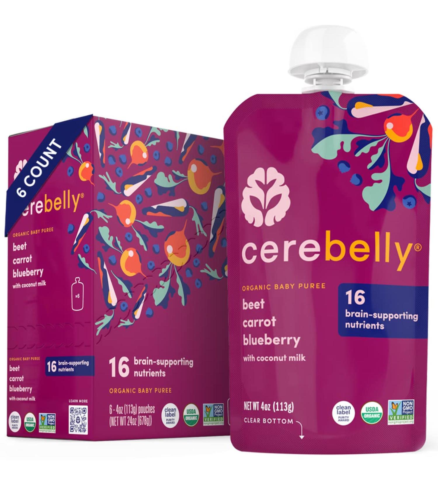 Cerebelly Organic Baby Food Pouches Beet Carrot Blueberry (4 oz, 6 pk) - Toddler Snacks with Brain-supporting Nutrients from Superfoods - Gluten-Free & BPA-Free Healthy Snacks - Buy Online on GoSupps.com
