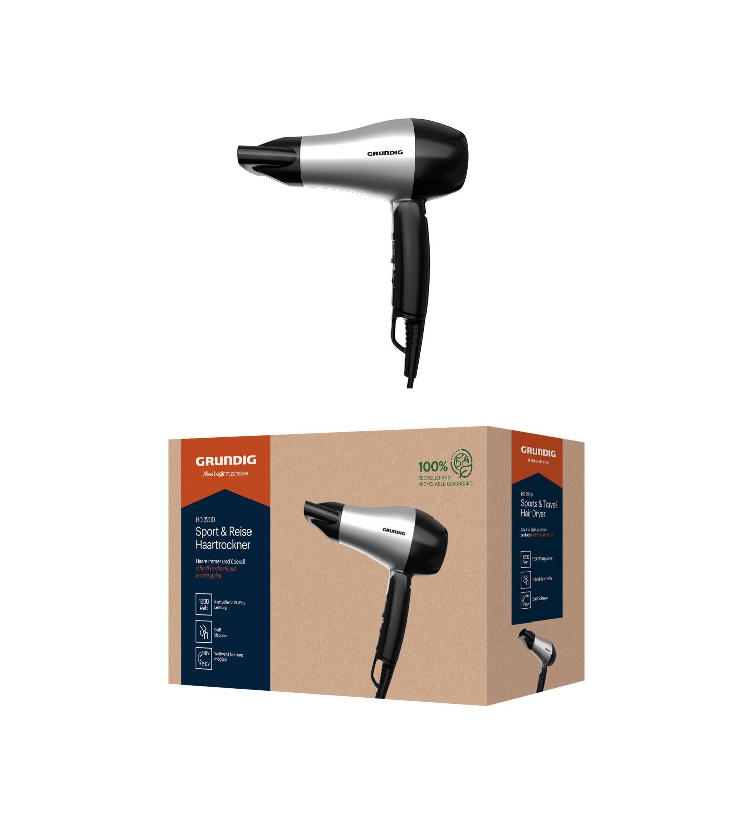 Grundig HD 2200 Sports Hairdryer | 1200W Travel Blow Dryer | Dual Temperature & Airflow | Lightweight & Foldable | Global Use - Silver/Black/Gray - Buy Online on GoSupps.com