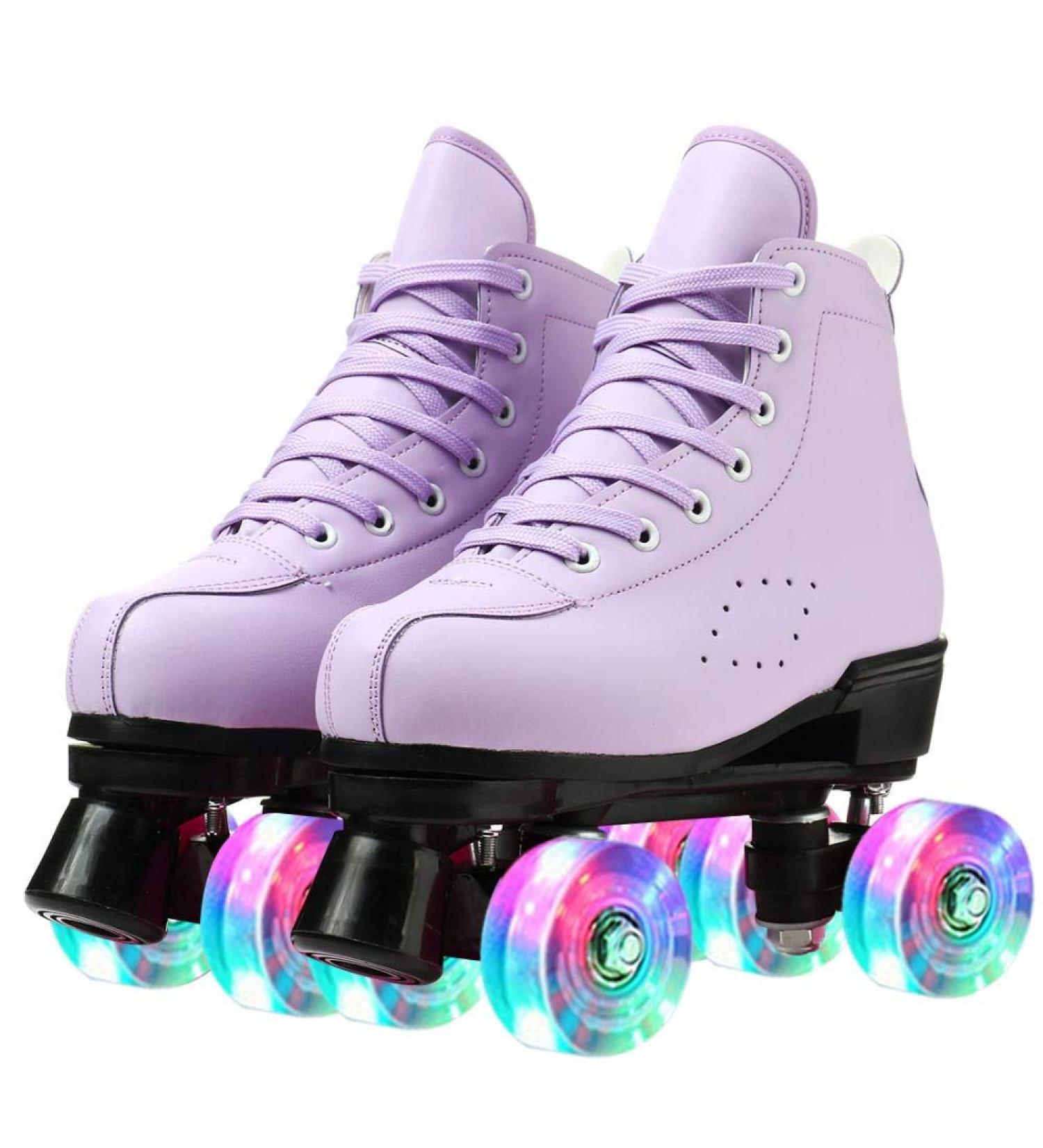 Women's PU Leather High-top Roller Skates | Purple Flash Wheel | Indoor Outdoor Skating Shoes - Size 8 M US40 - Buy Online on GoSupps.com