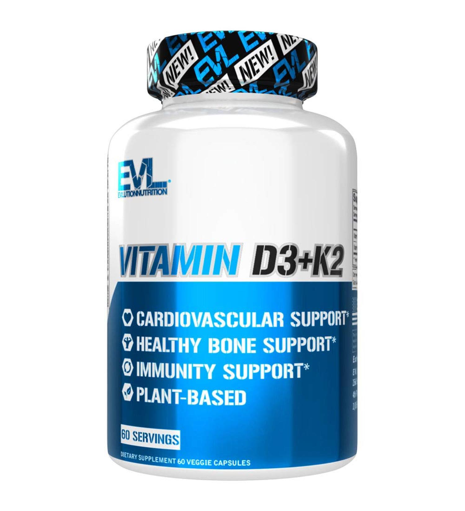 EVLution Nutrition Vitamin D3 + K2 - 60 Veggie Capsules for Immune Support & Bone Health - Buy Online on GoSupps.com