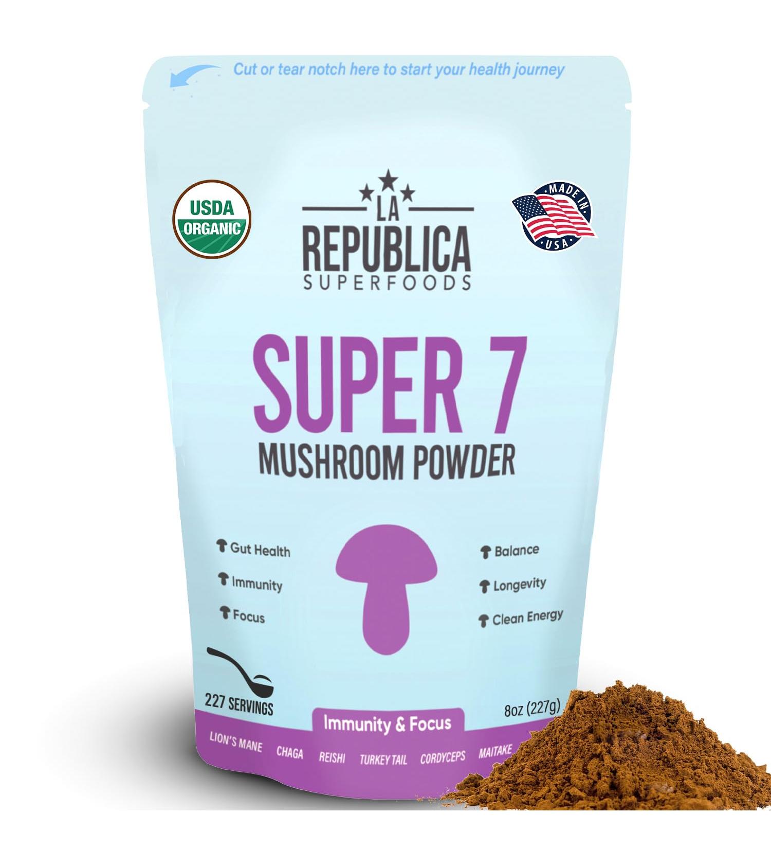 LRLA SUPERFOODS La Republica Superfood Super 7 Mushroom Extract Powder Includes Lion's Mane Reishi Chaga Cordyceps Shiitake Maitake and Turkey Tail (8 oz)  - Buy Online on GoSupps.com