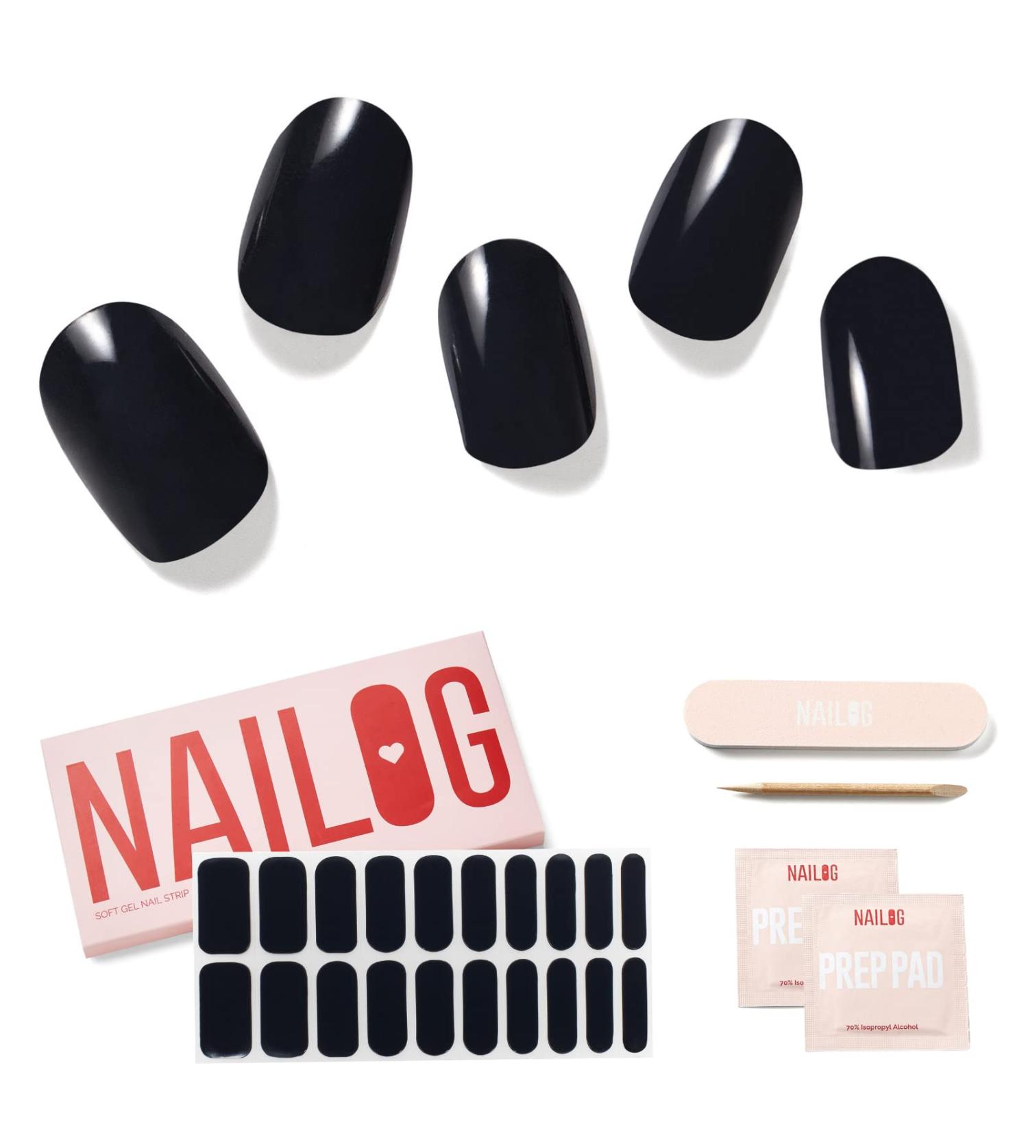 Buy Nailog Halfway Hardened Gel Nail Wraps - 20 Long-Lasting Nail Polish Strips | Salon Quality Gel Nail Stickers | Shiny Noir Finish - Buy Online on GoSupps.com