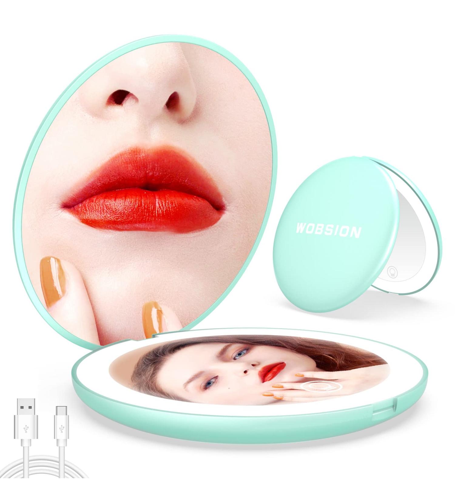 wobsion Travel Makeup Mirror with Lights Rechargeable Dimmable 26 Leds Light Mirror 1x/10x Magnification Compact Mirror with Light 4in Handheld Portable Mirror for Handbag Gifts for Girls Cyan - Buy Online on GoSupps.com