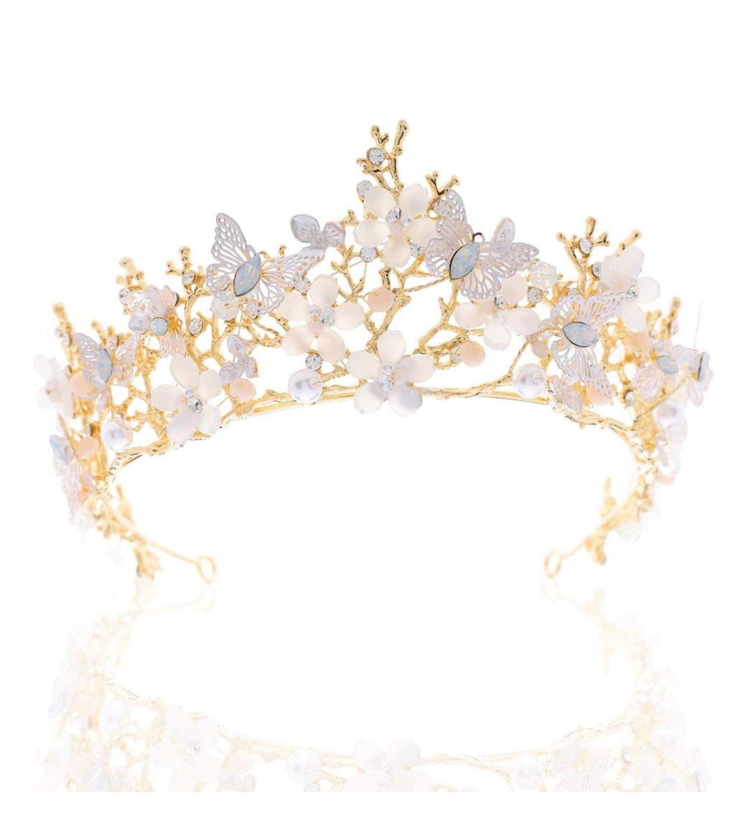 Brishow Crystal Butterfly Wedding Crown - Gold Rhinestone Tiara for Women and Girls | Flower Queen Hair Accessory - Style1 - Buy Online on GoSupps.com