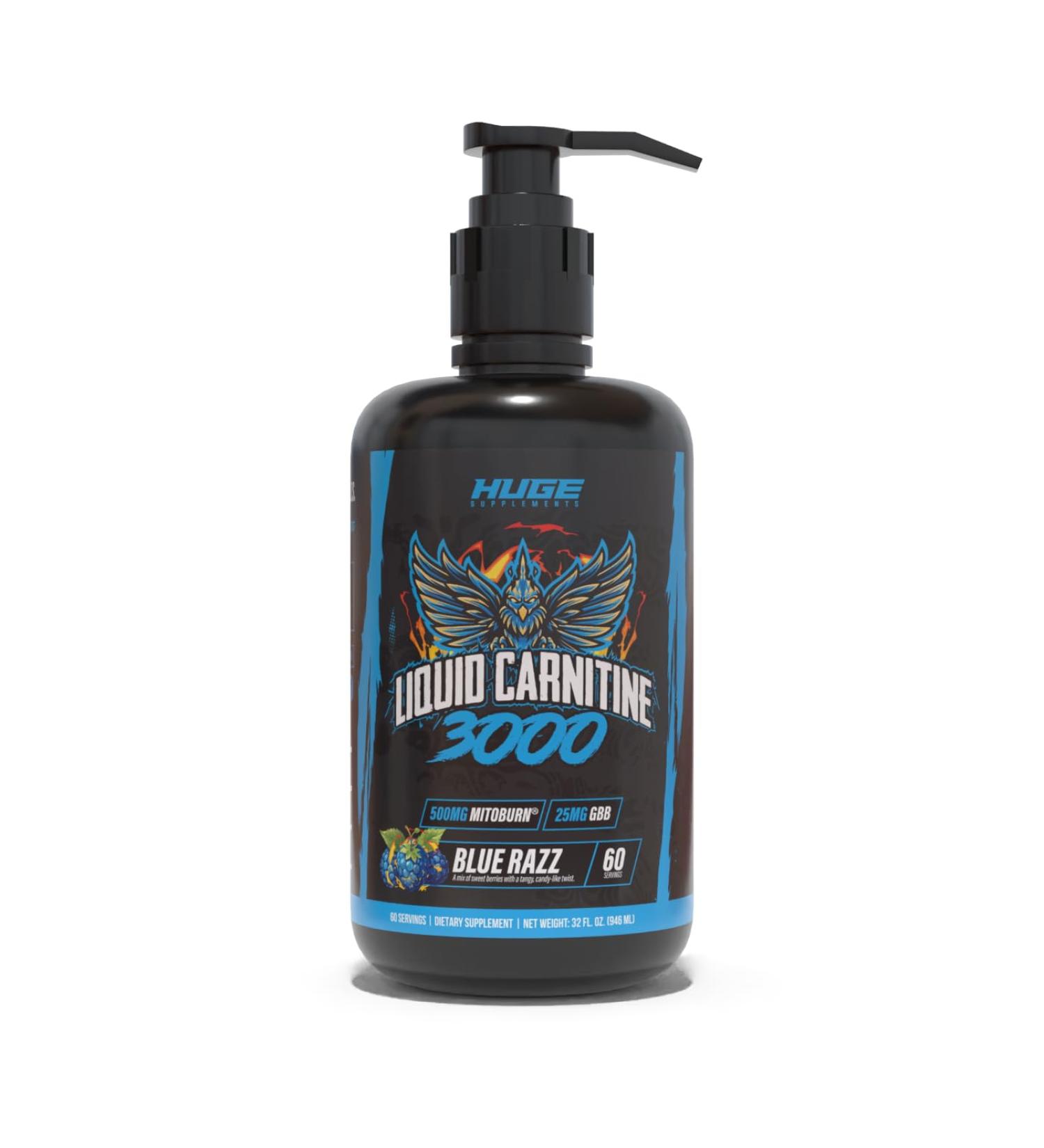 Huge Supplements Liquid L-Carnitine 3000 Superior Potency Infused with 500mg MitoBurn & 25mg GBB Premium Stim-Free Thermogenic Fat Burner & Energy Boost Convenient Pump Top 32 Oz (60 Servings) Blue Razz - Buy Online on GoSupps.com