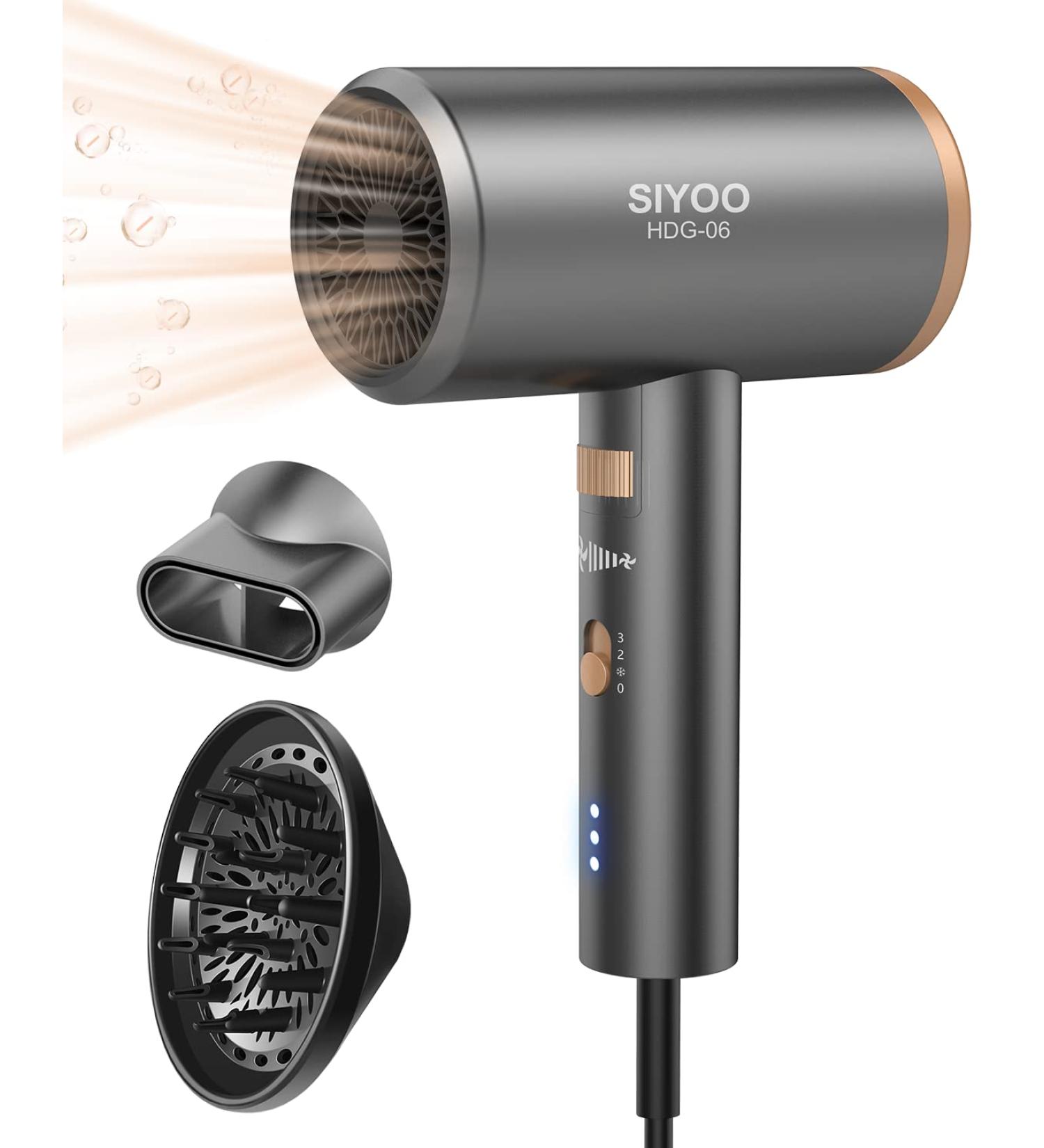 Siyoo 1600W Ionic Hair Dryer with Diffuser for Constant Temperature Hair Care - Lightweight Portable Travel Hairdryer in Grey Gold - Buy Online on GoSupps.com