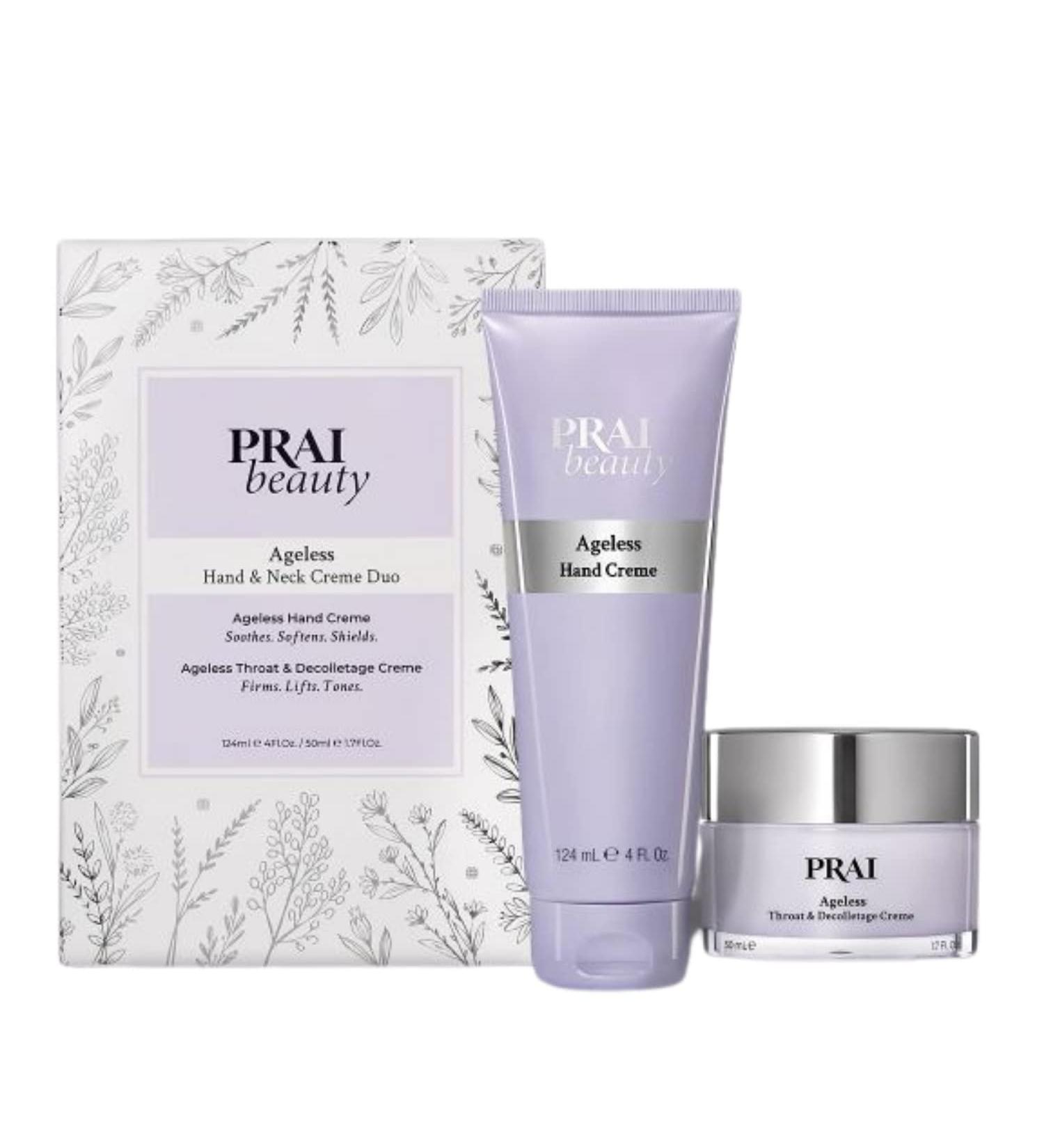 PRAI BEAUTY Ageless Hand & Neck Cr me Duo - With Hyaluronic Acid and Shea Butter for Skin Hydration and Filling in Wrinkles - Vitamins A E & F to Protect and Rejuvenate and Boost Collagen 124ml/50ml - Buy Online on GoSupps.com