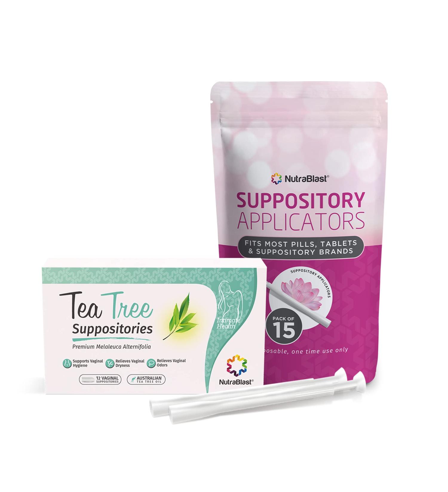 NutraBlast Tea Tree Oil Vaginal Suppositories - 12 Suppositories & 15 Applicators for Odor Control - Buy Online on GoSupps.com