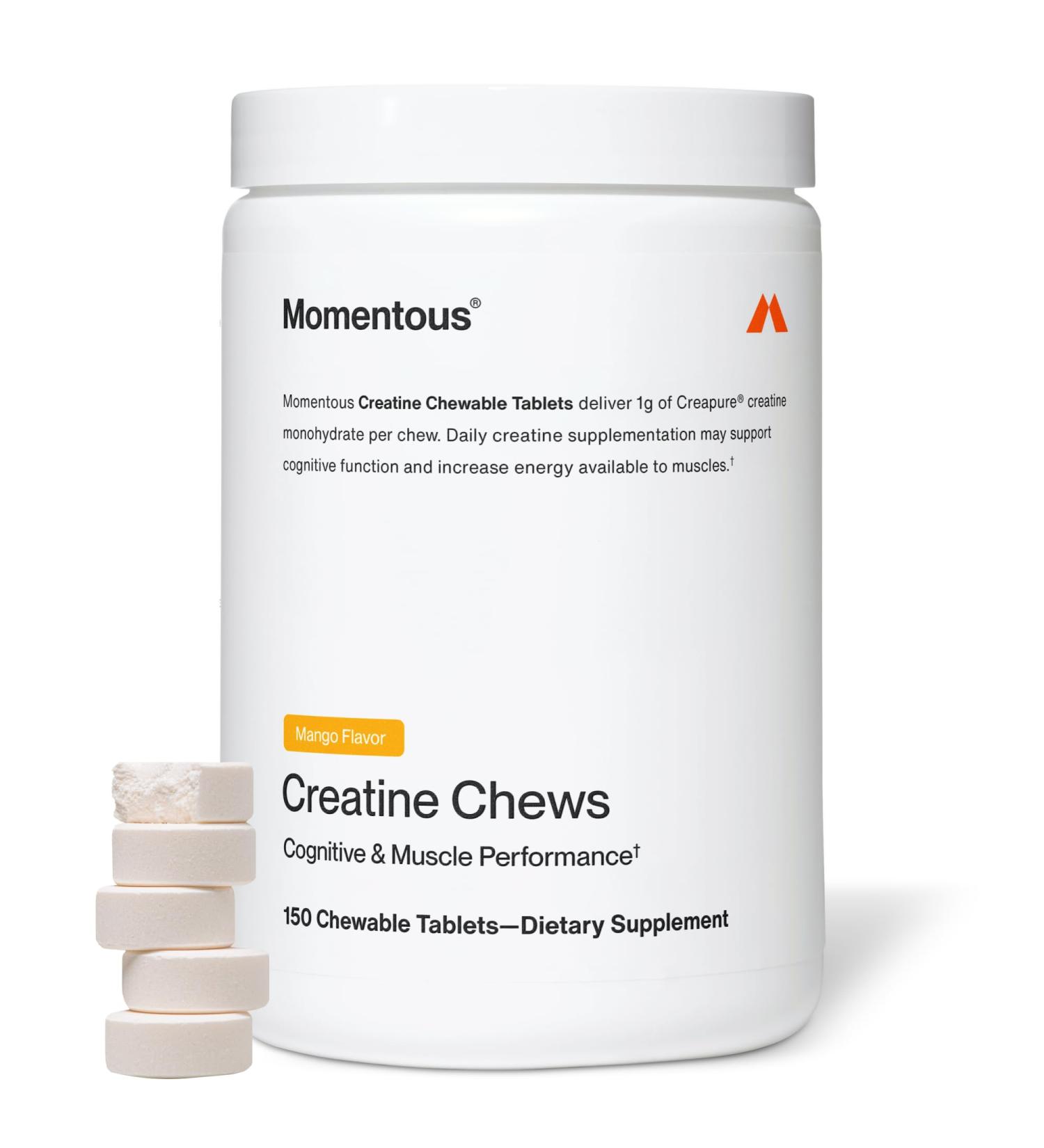 Momentous Creatine Chews - Creapure Creatine Monohydrate - Supports Strength, Lean Muscle, & Recovery for Men & Women - NSF Certified for Sport - 150 Chewable Tablets - Mango - Buy Online on GoSupps.com