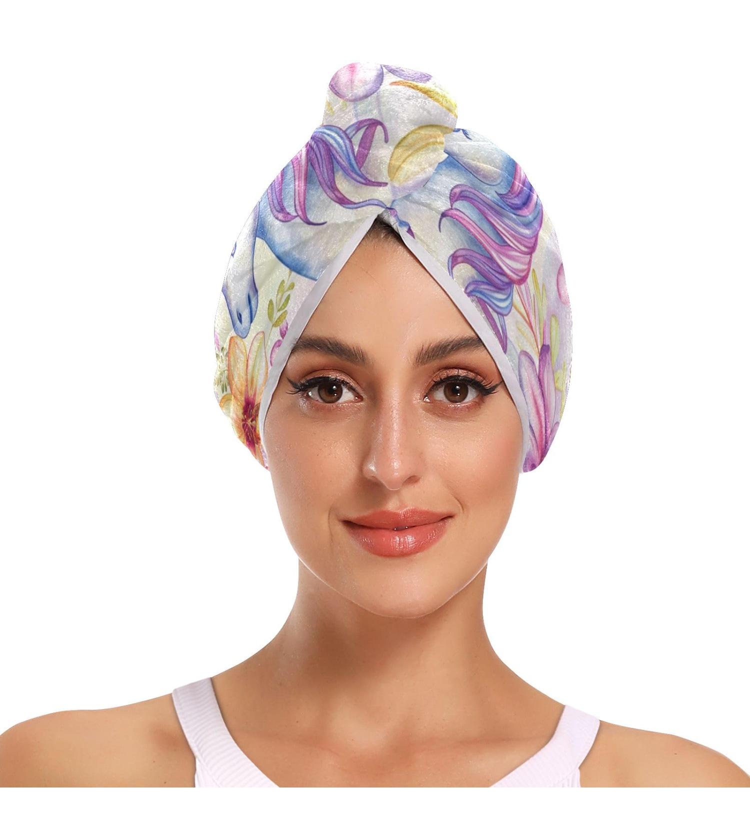Purple Flowers Unicorn Hair Towel 2 Pack | Super Absorbent Quick Dry Hair Turbans for Women & Girls - Buy Online on GoSupps.com