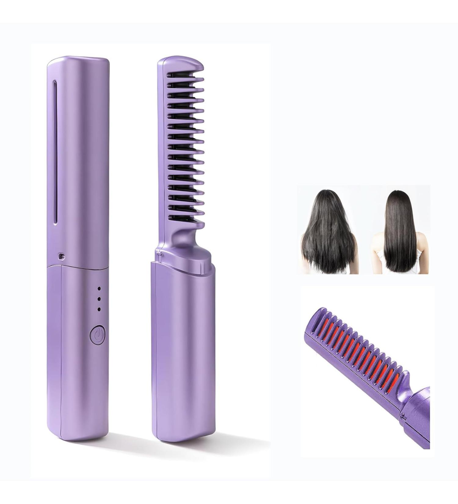 Rechargeable Mini Hair Straightener 2024 - Dual-Purpose Travel Brush for All Hair Types | Portable Cordless Flat Iron (A-Purple - Buy Online on GoSupps.com