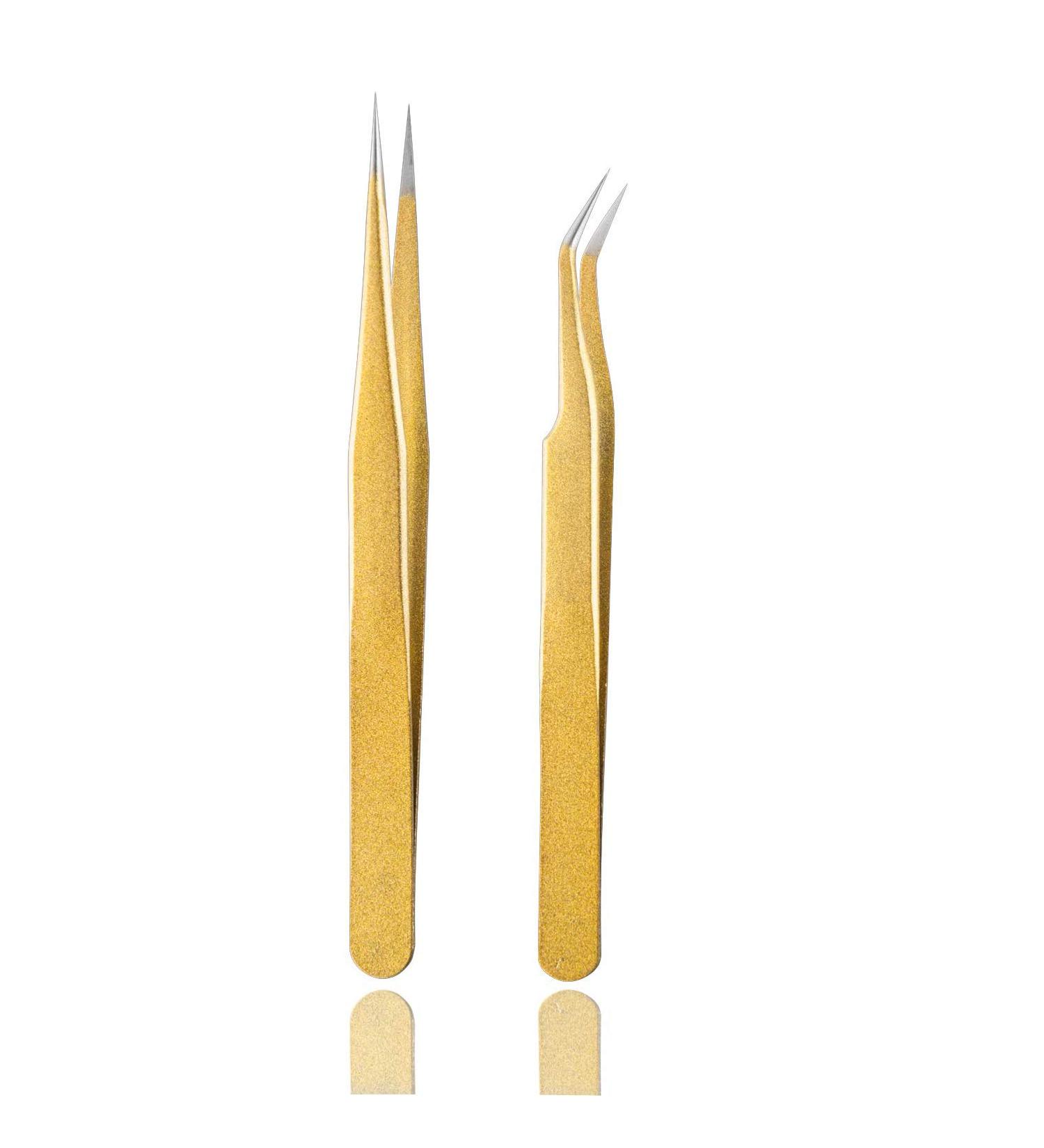 Gold Stainless Steel Eyelash Extension Tweezers - Straight and Curved Tip Set - Buy Online on GoSupps.com