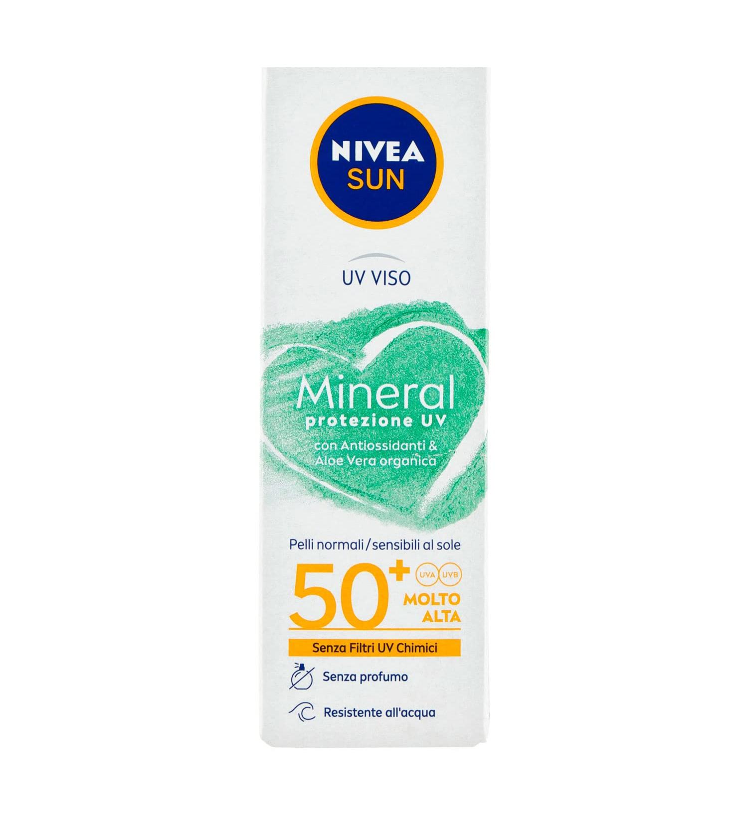 Nivea Sun UV Face Cream Mineral FP50+ - Vegan Biodegradable Sunscreen with 100% Mineral Filters & Aloe Vera - 50 ml - Buy Online on GoSupps.com