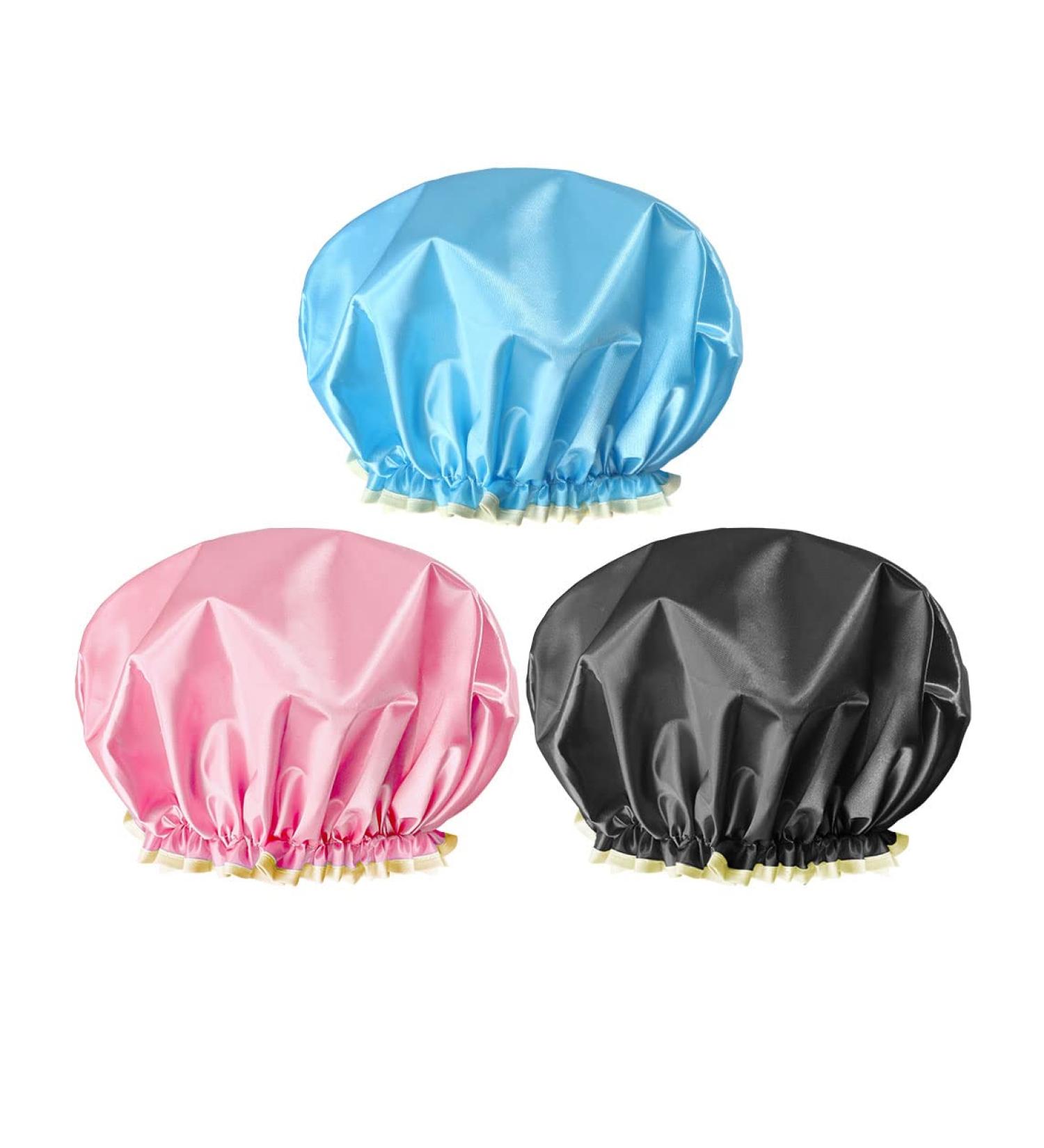 Ounic Reusable Shower Cap 12 inch Large for Women - 3 Pack Eco-Friendly Waterproof Bathing Hair Cap in Black, Sky Blue, Pinkish - Buy Online on GoSupps.com
