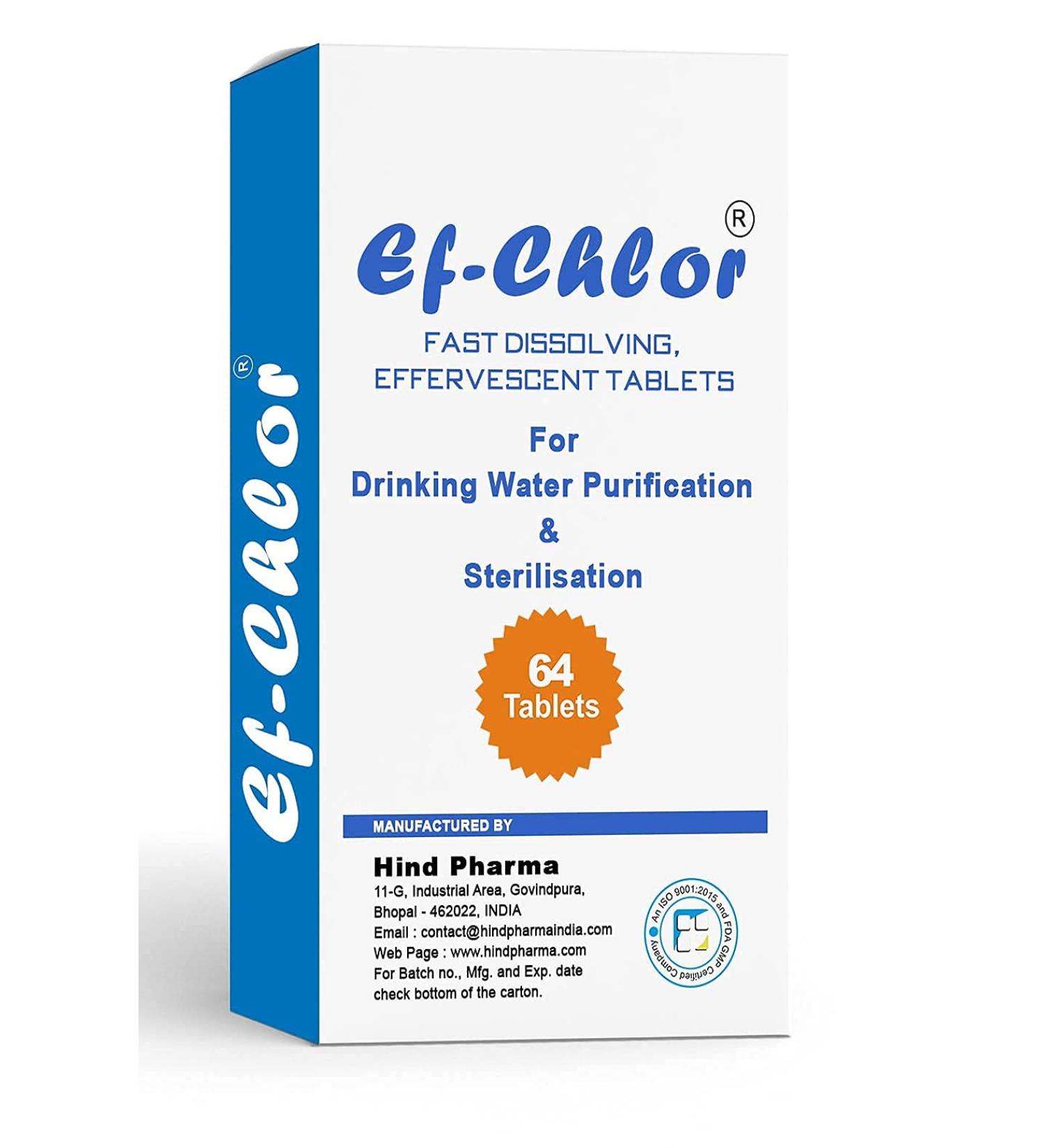 Ef-Chlor Water Purification 64 Tablets - 400mg Portable Drinking Water Purification & Sterilization Tablet Ideal for Emergencies Survival Purifies 26.4 Gallons - 39.62 Gallons in 1 Tablet - Buy Online on GoSupps.com