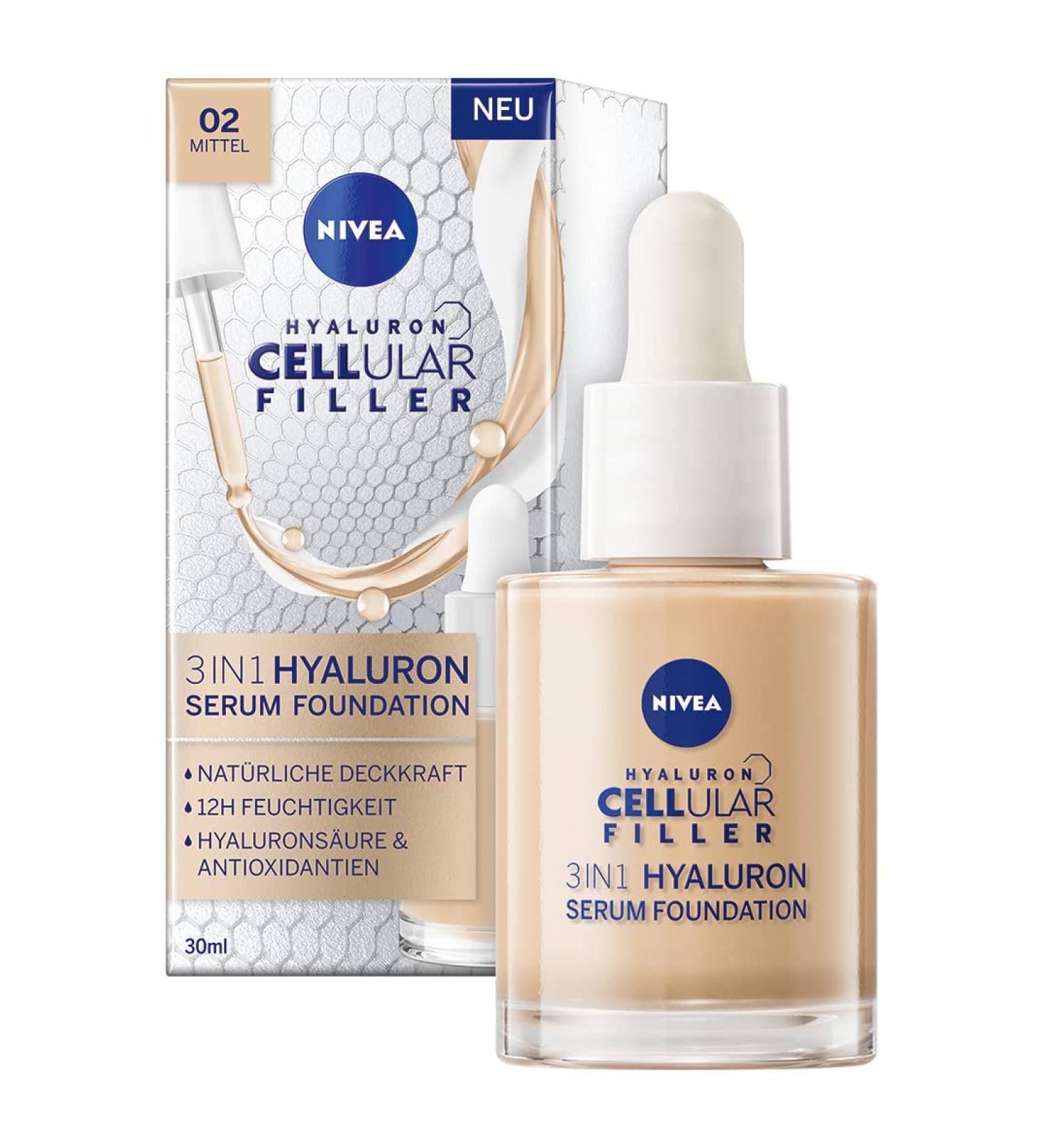 Nivea 3in1 Hyaluron Serum Foundation Medium (30 ml) - Anti-Aging Moisturizing Foundation for Youthful Skin - Buy Online on GoSupps.com