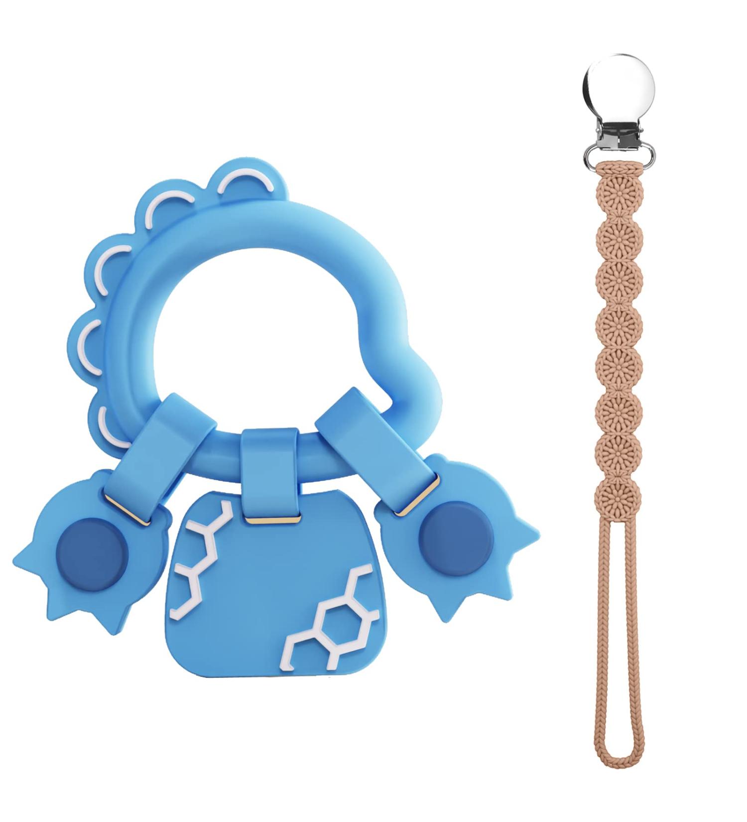 Viyuse Dinosaur Teething Toy Ring Set - Silicone Teether Rings for Babies - Blue Pacifier Clip Included - Buy Online on GoSupps.com