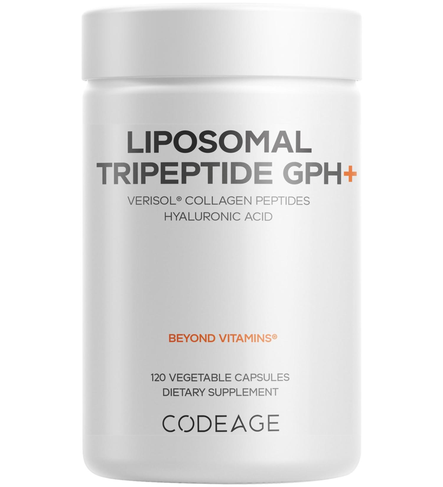 Codeage Liposomal Tripeptide GPH+ Supplement - Verisol Bioactive Beauty Collagen Peptides - Hyaluronic Acid - Skin Structure Support - GPH Tripeptide - Glycine Proline Hydroxyproline - 120 Capsules - Buy Online on GoSupps.com
