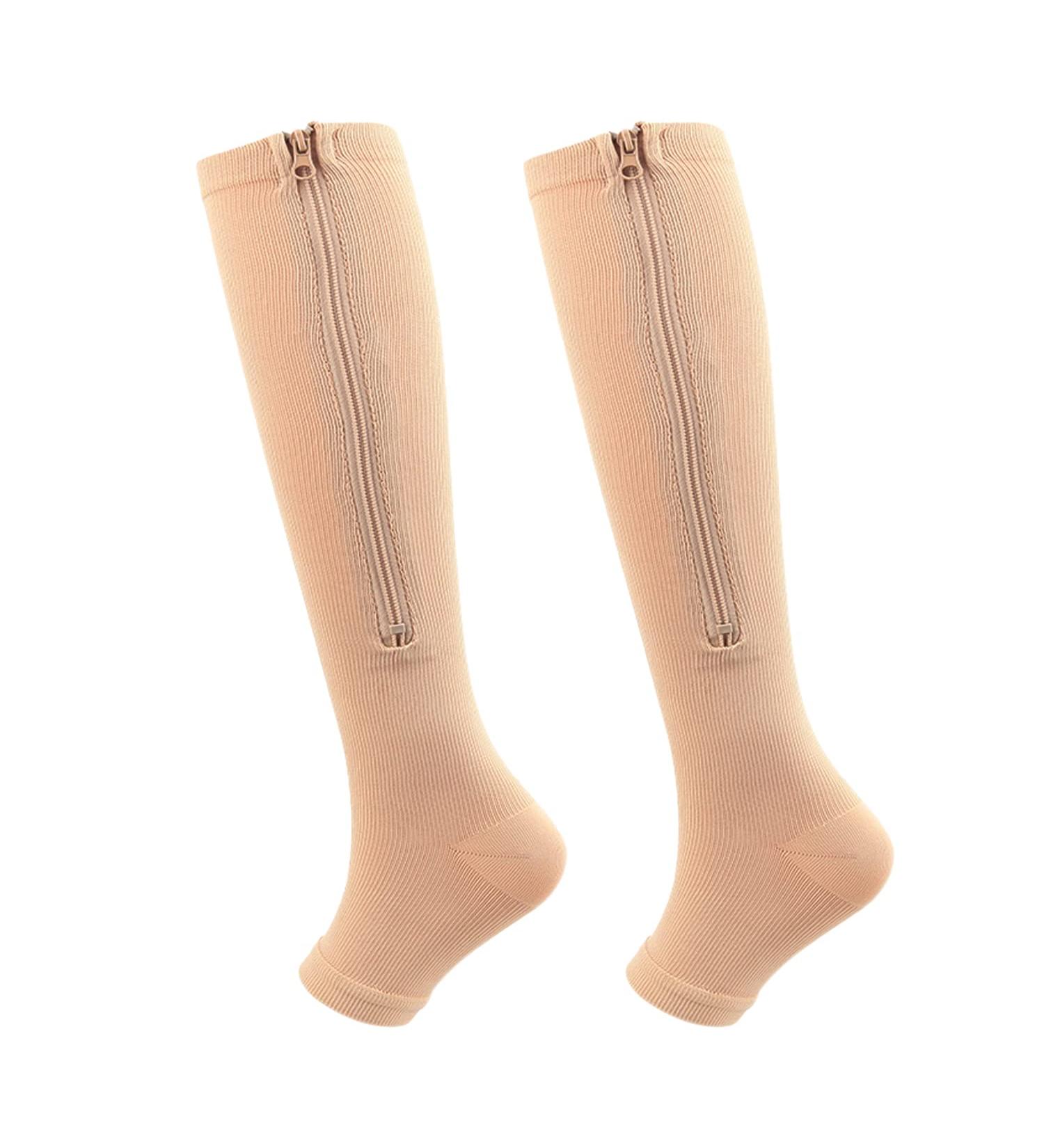Buy 2 Pairs Compression Stockings for Women & Men - Zippered Toe-Free Calf Support Socks for Varicose Veins & Edema - XXL Beige - Buy Online on GoSupps.com