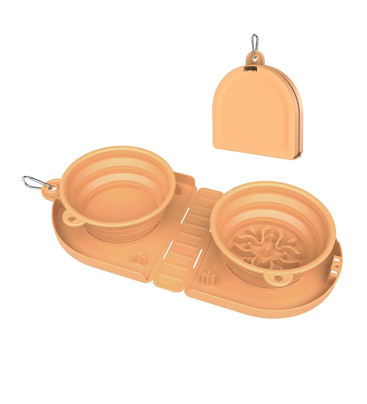 Tokayife Foldable Dog Bowl - 2-in-1 Travel Water & Food Bowl with Carabiners - Double Bowl Design in Orange - Perfect for Indoor & Outdoor Use - Buy Online on GoSupps.com