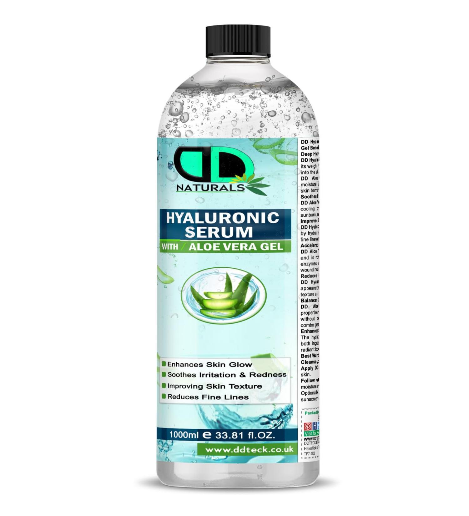 DD teck Hyaluronic serum with aloe vera gel Facial moisturizer for dry skin soothes and improves skin radiance Reduces fine lines and improves texture (1000 ml cap)