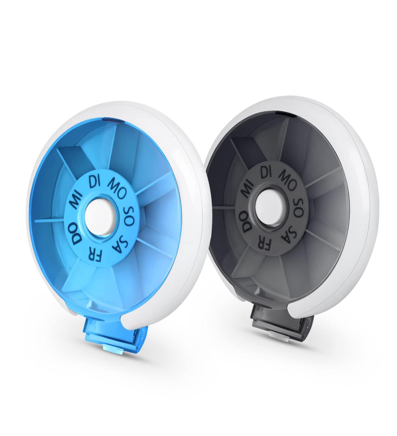 OPRET 2-Piece Weekly Pill Organizer | Travel-Friendly 7-Day Medication Box | Compact 9x9cm Small Tablet Holder in Blue & Black - Perfect for International Shipping - Buy Online on GoSupps.com