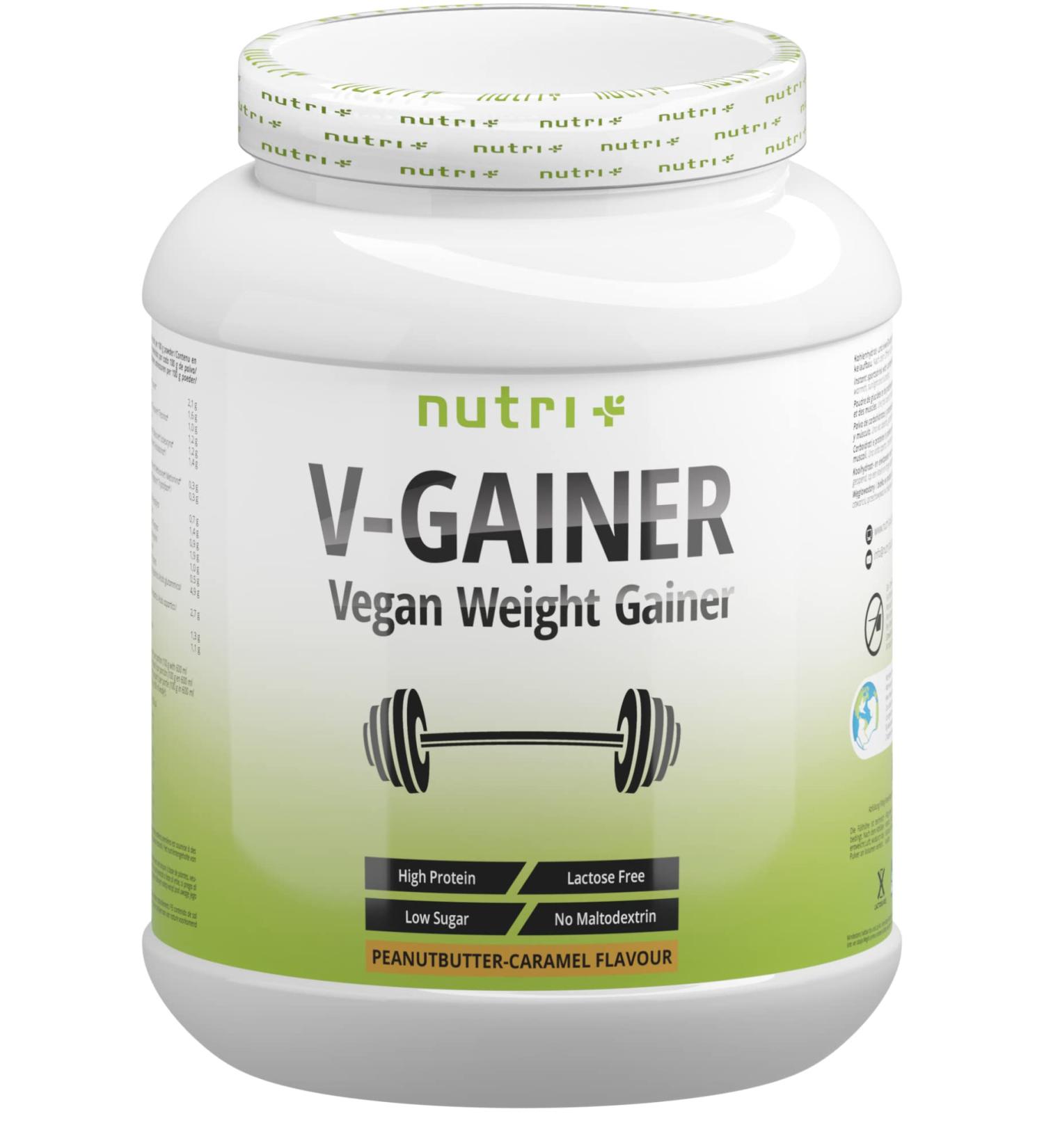 Nutri + Weight Gainer Vegan - V-Gainer Mass Peanut Butter Caramel Flavor 2 KG - No Maltodextrin - 2000g Healthy Protein Supplement - Buy Online on GoSupps.com