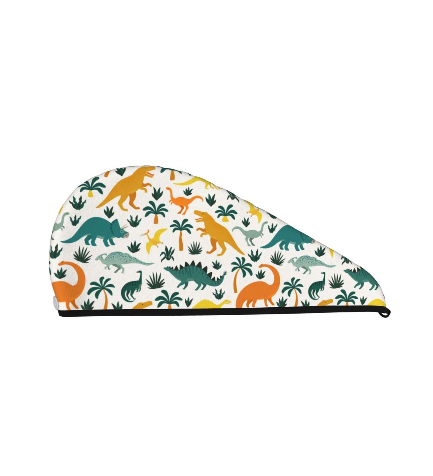 Dinosaurs & Tropical Leaves Microfiber Hair Towel | Super Absorbent Wrap for Long Curly Hair | Coral Velvet Quick Dry Cap for Women - Buy Online on GoSupps.com