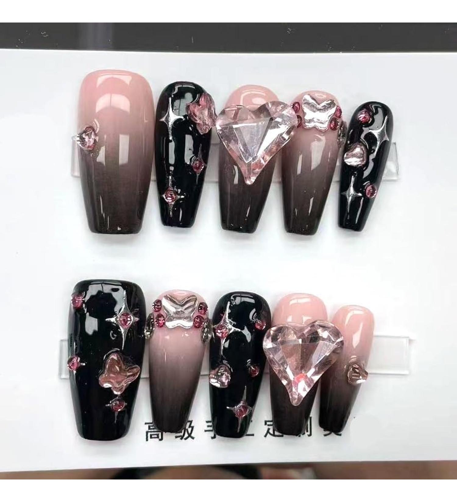 Handmade Wearing Nail Black Pink Ink Spicy Girl Cool Style Pink Ink Nail Patch Wearable Nail Removable (Size : M)