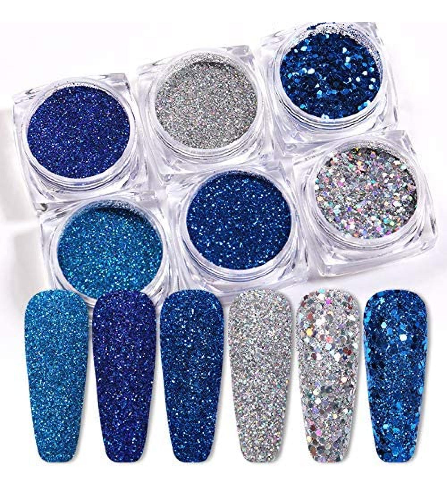6 Boxes Holographic Nail Glitter Powder Set - Blue & Silver | Metallic Shining Flakes for Nail Art Decoration - Buy Online on GoSupps.com
