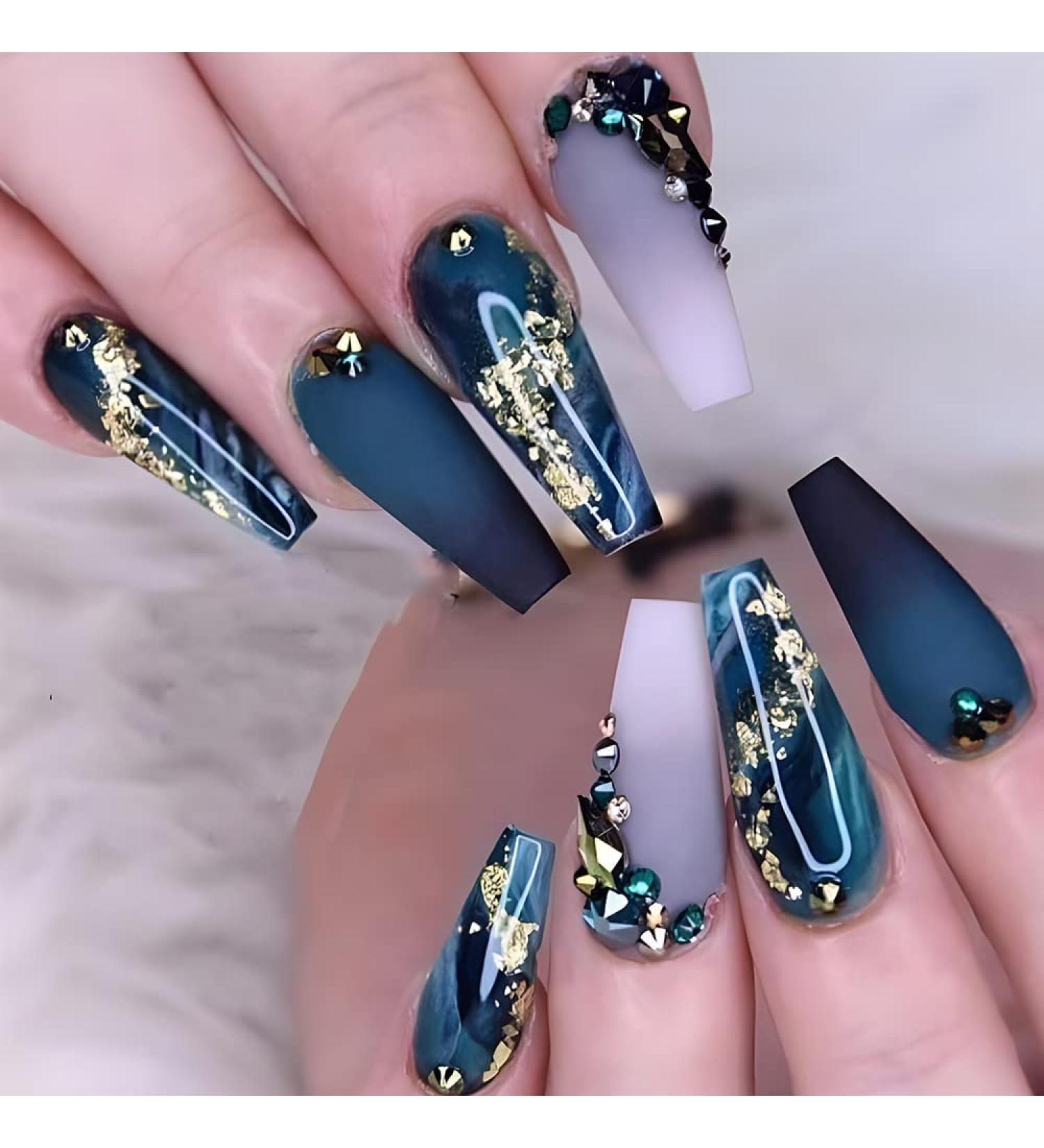 Dark Blue Marble Luxury Coffin Fake Nails - Glitter Wave Rhinestone Design for Women and Girls | Long Press-on Artificial Nails - Buy Online on GoSupps.com