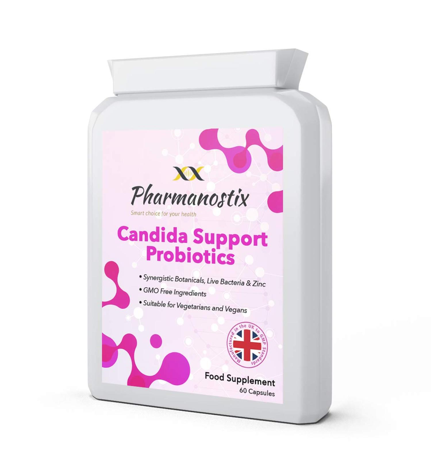 Pharmanostix Candida Support Probiotics - 60 Vegan Capsules for Women - 15 Active Ingredients, 200 Million Live Bacteria - Gut Health & Intestinal Flora - UK - Buy Online on GoSupps.com
