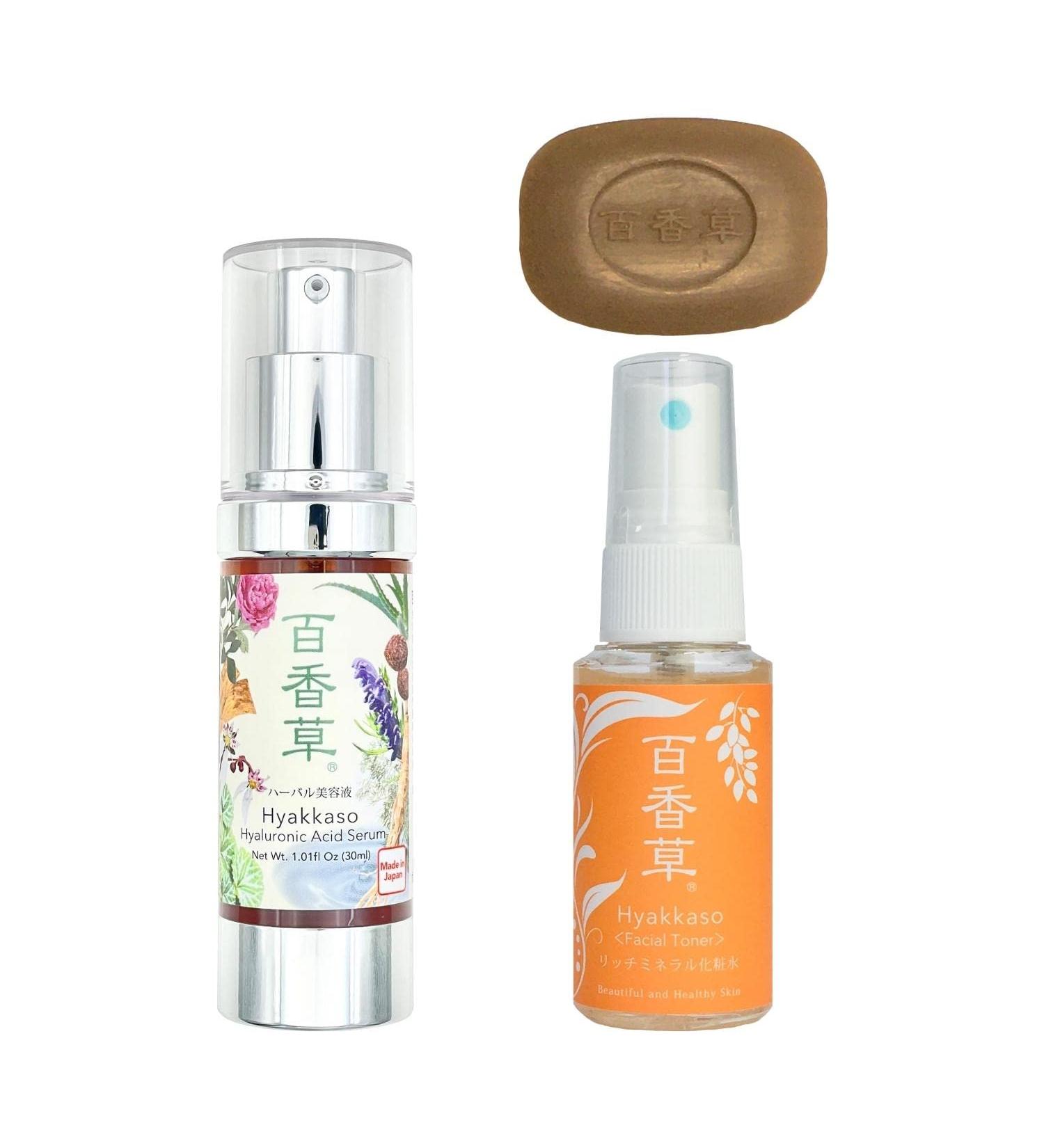 Hyakkaso Hyaluronic Acid Herbal Serum & Mini Toner Soap Set High Moisturizing Acne Care | Japanese Skincare 30ml - Buy Online on GoSupps.com