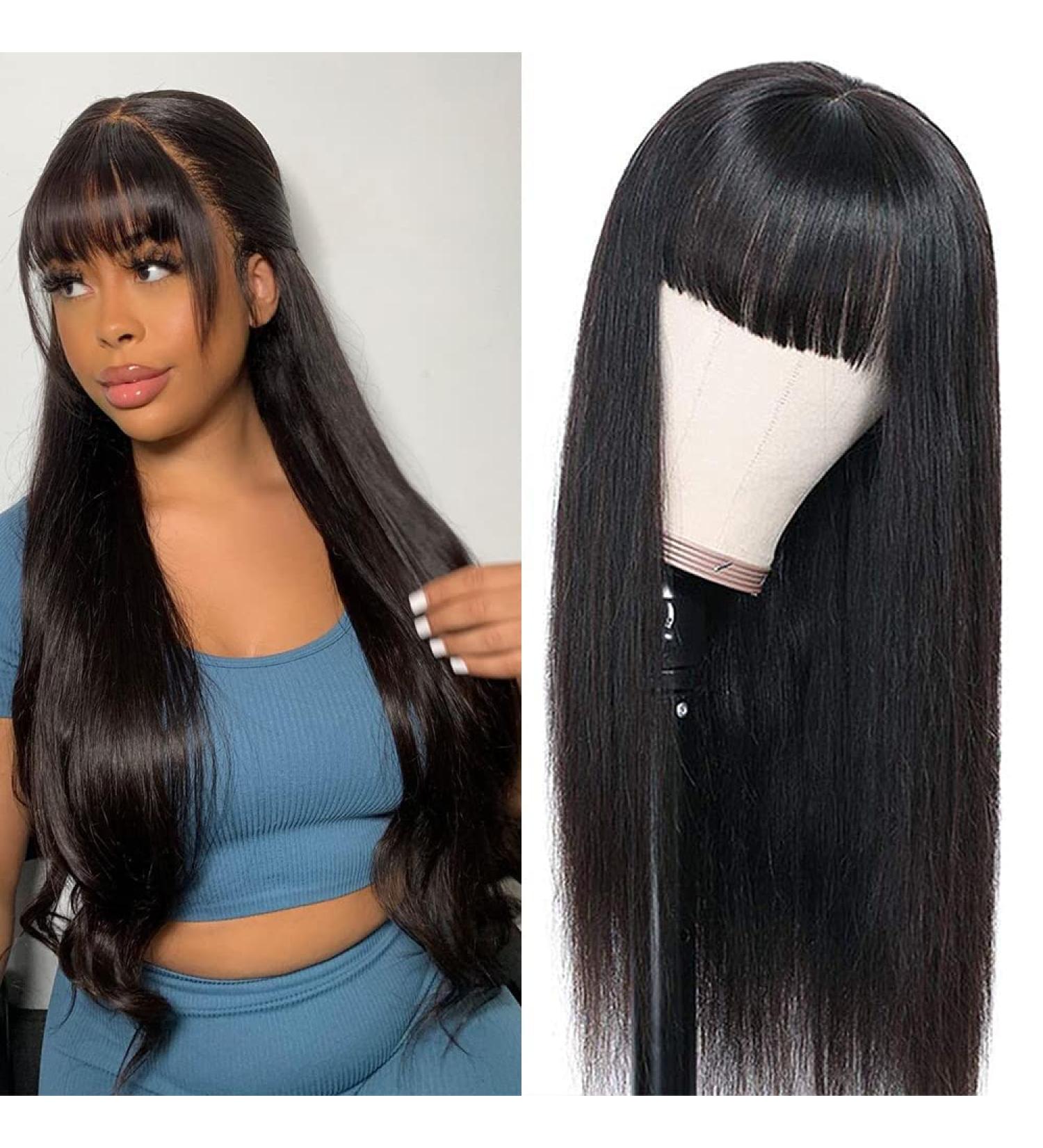 Glowig Straight Human Hair Wig with Bangs | Brazilian Virgin None Lace Front | Glueless Machine Made | Black Women | 130% Density | Natural Black 16 Inch - Buy Online on GoSupps.com